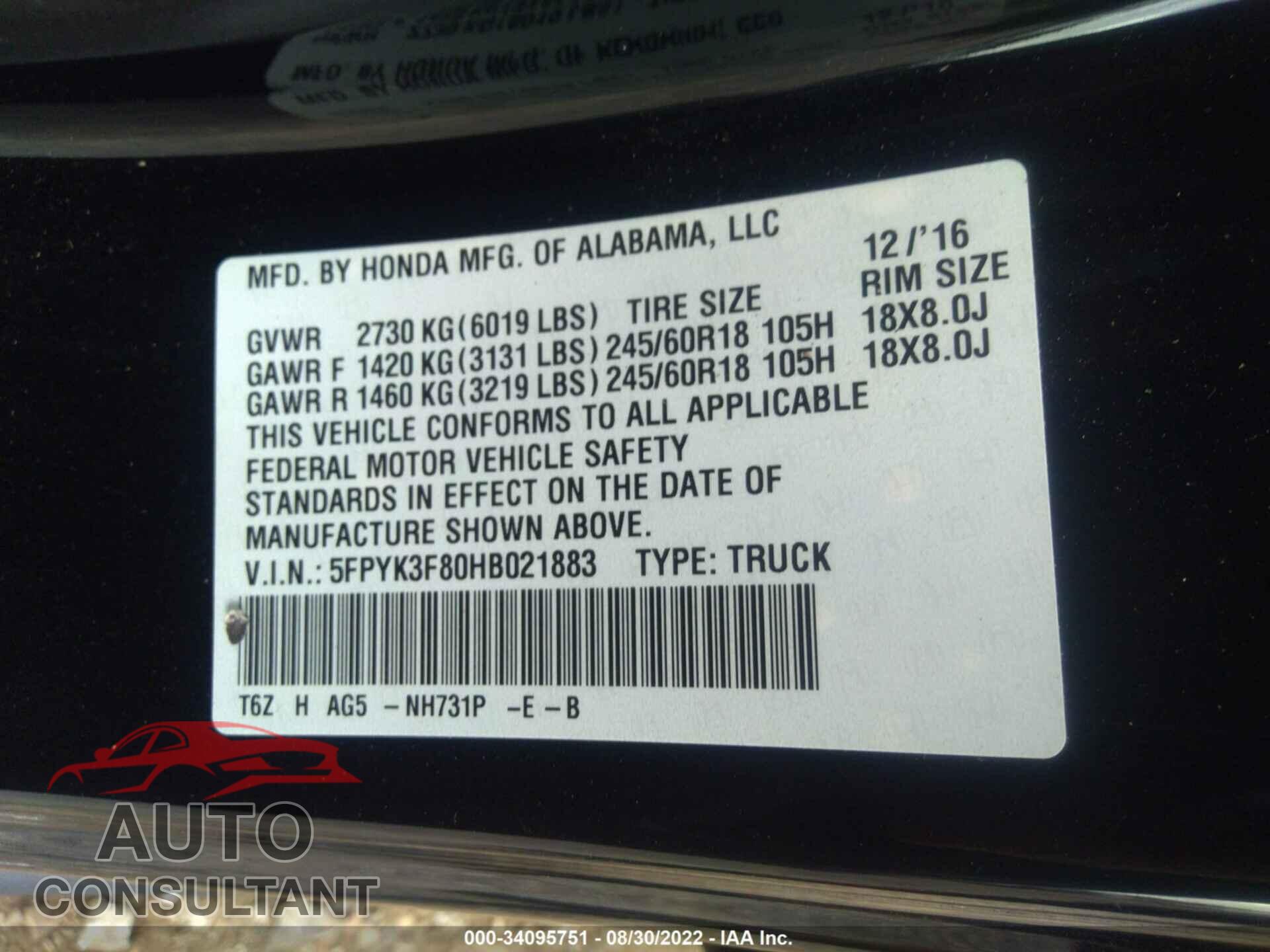 HONDA RIDGELINE 2017 - 5FPYK3F80HB021883