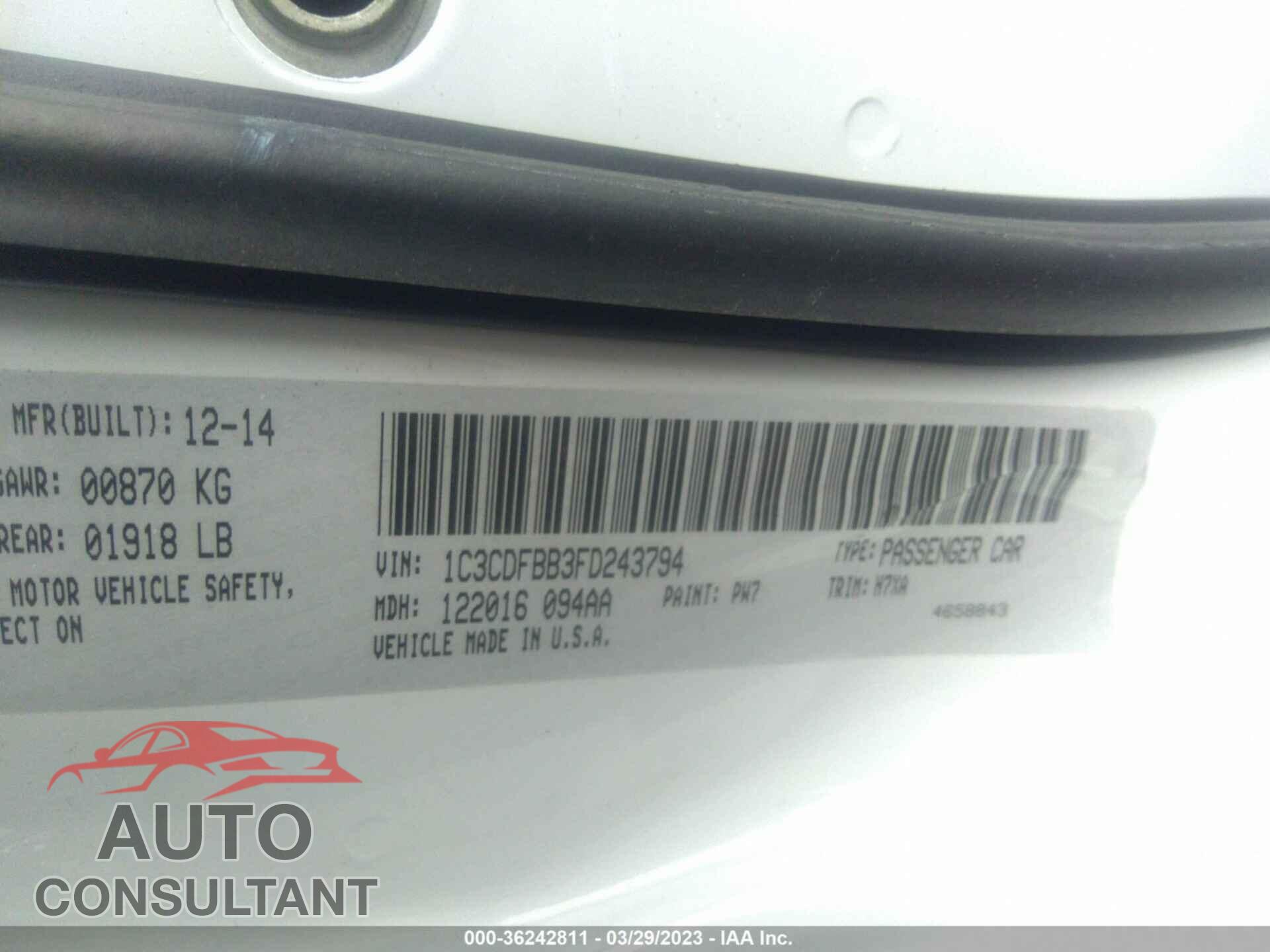 DODGE DART 2015 - 1C3CDFBB3FD243794