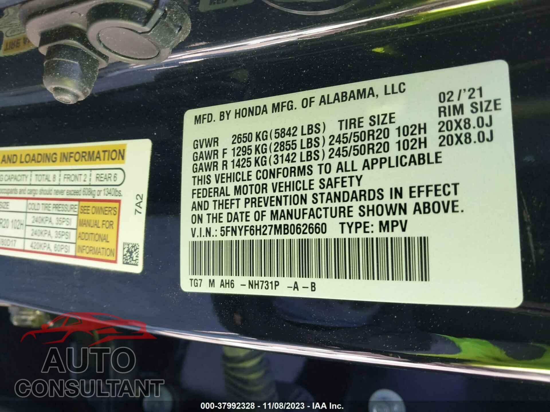 HONDA PILOT 2021 - 5FNYF6H27MB062660