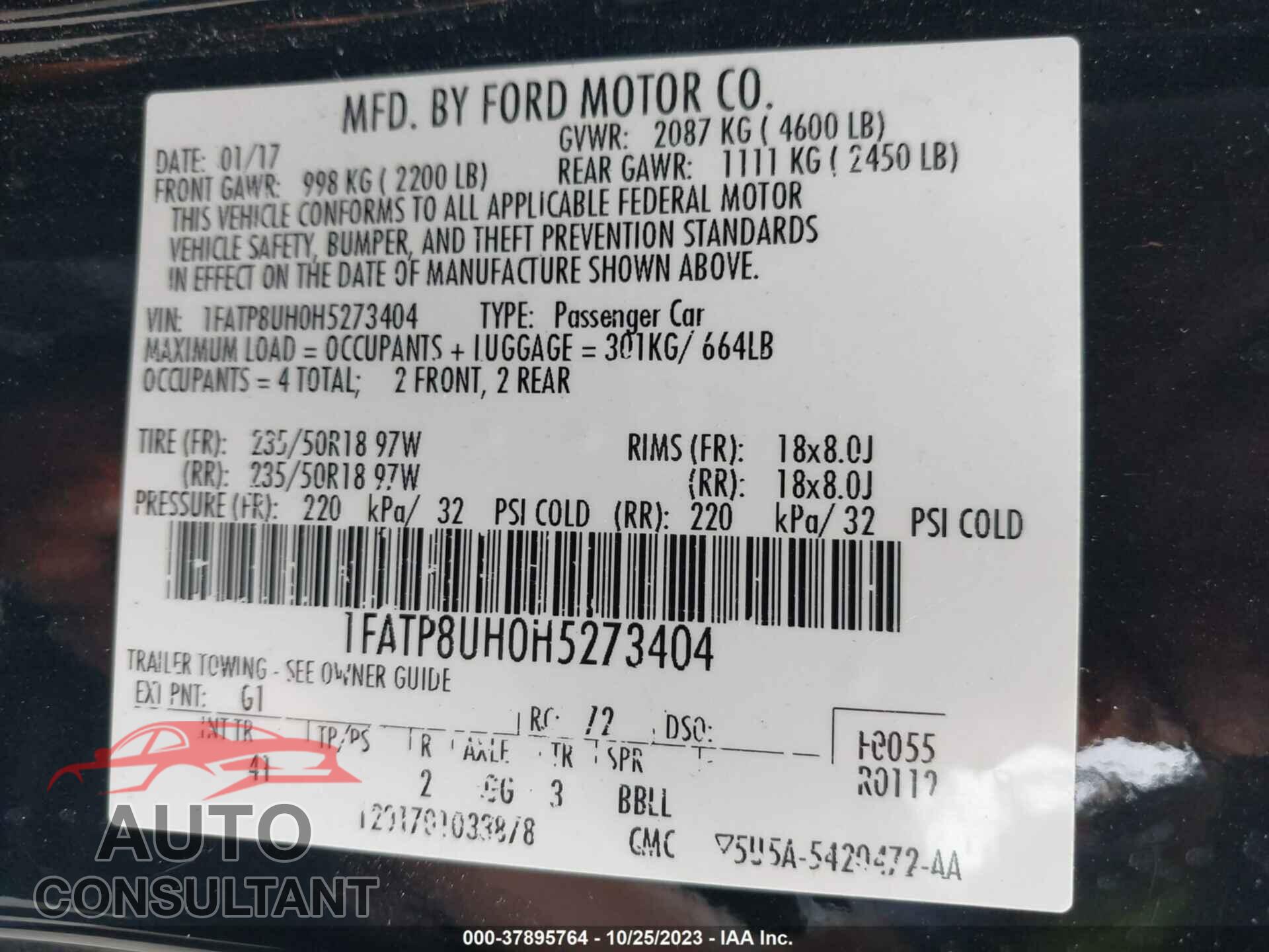 FORD MUSTANG 2017 - 1FATP8UH0H5273404