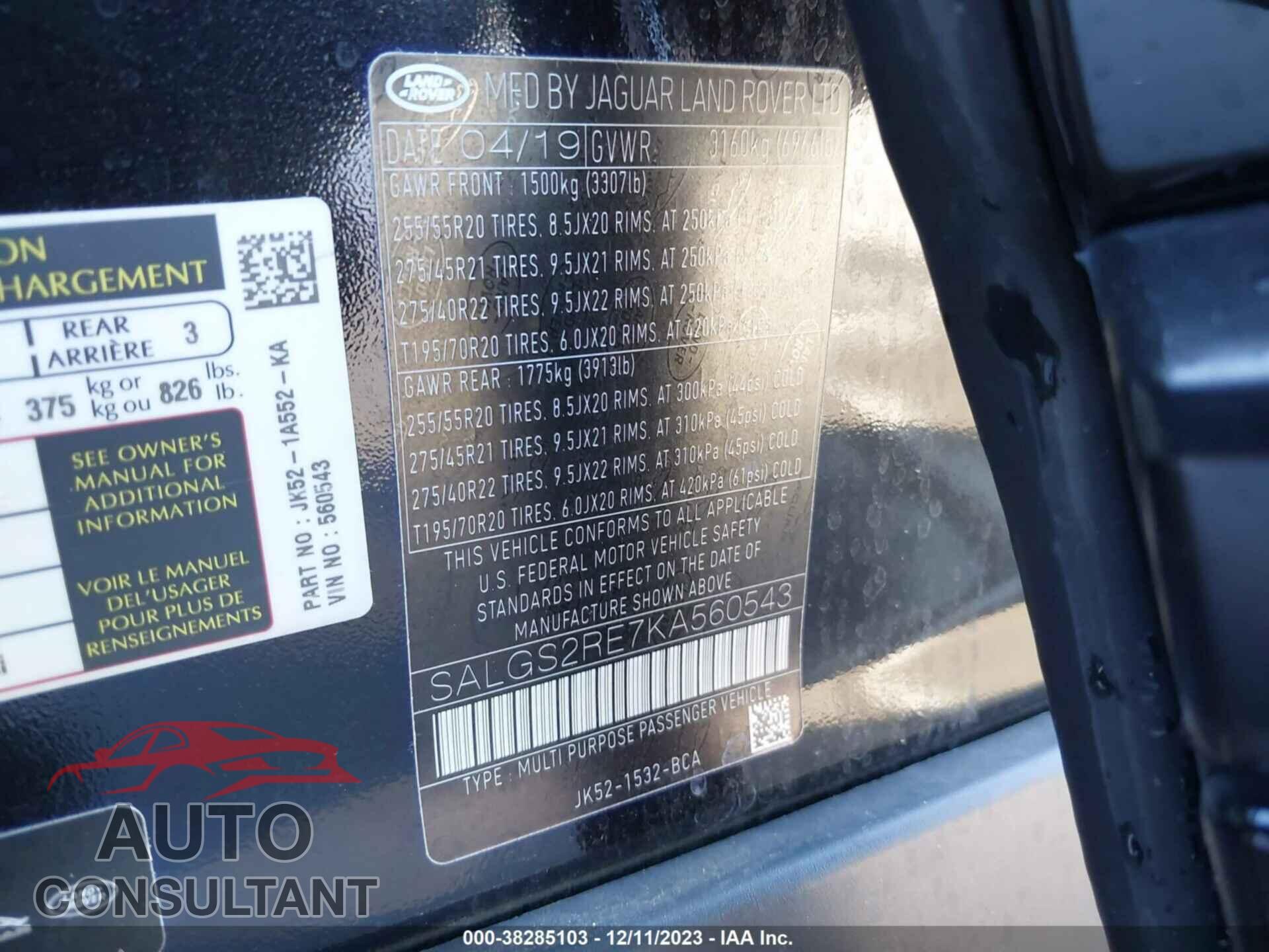 LAND ROVER RANGE ROVER 2019 - SALGS2RE7KA560543