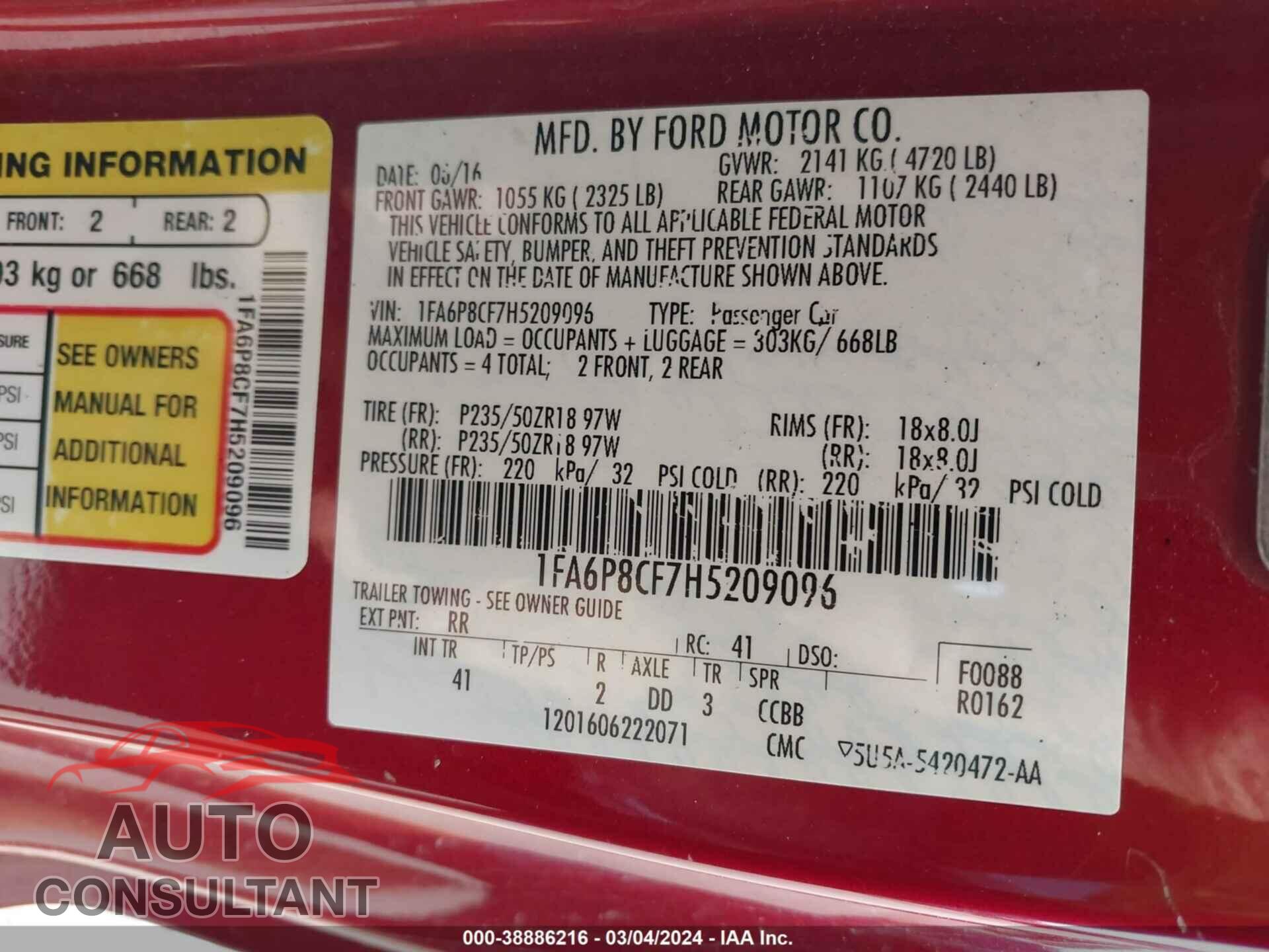 FORD MUSTANG 2017 - 1FA6P8CF7H5209096
