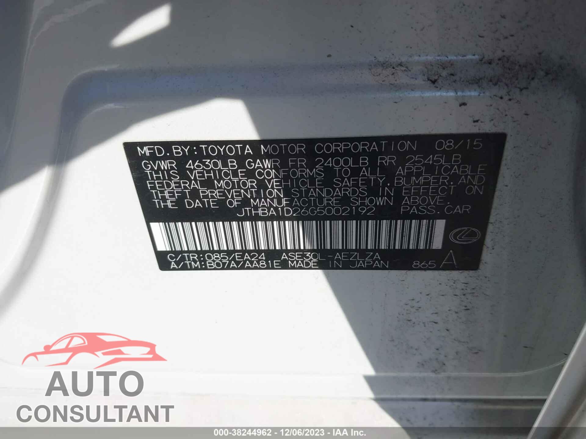LEXUS IS 2016 - JTHBA1D26G5002192