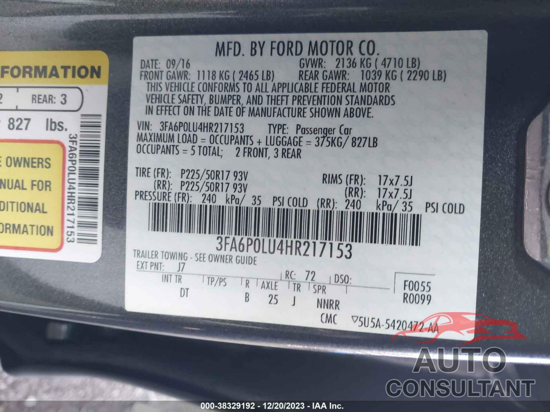 FORD FUSION HYBRID 2017 - 3FA6P0LU4HR217153