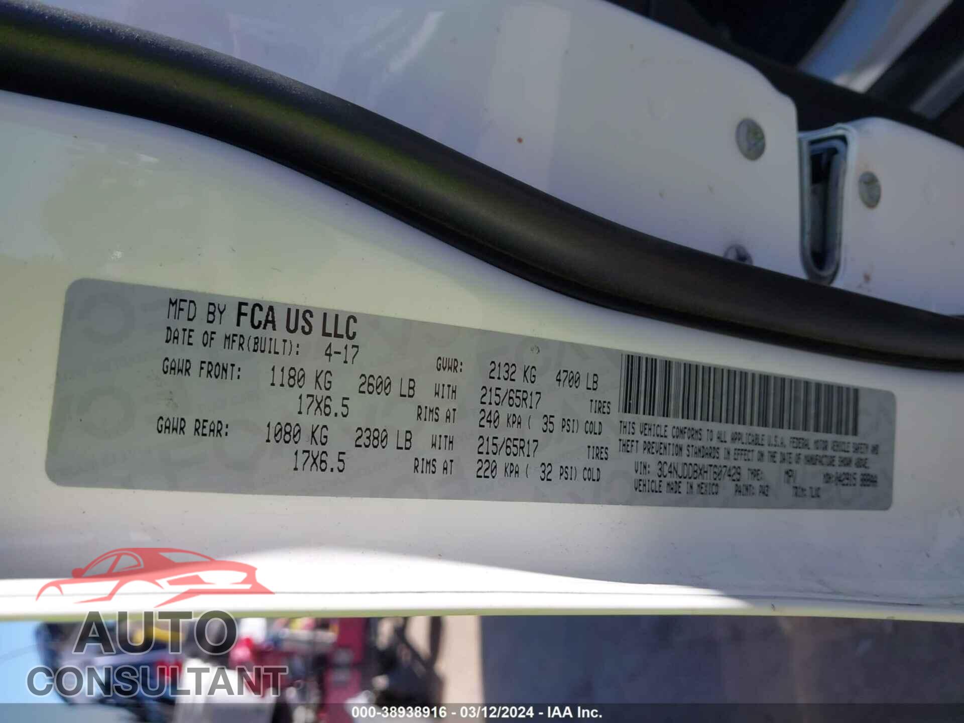 JEEP COMPASS 2017 - 3C4NJDDBXHT607429