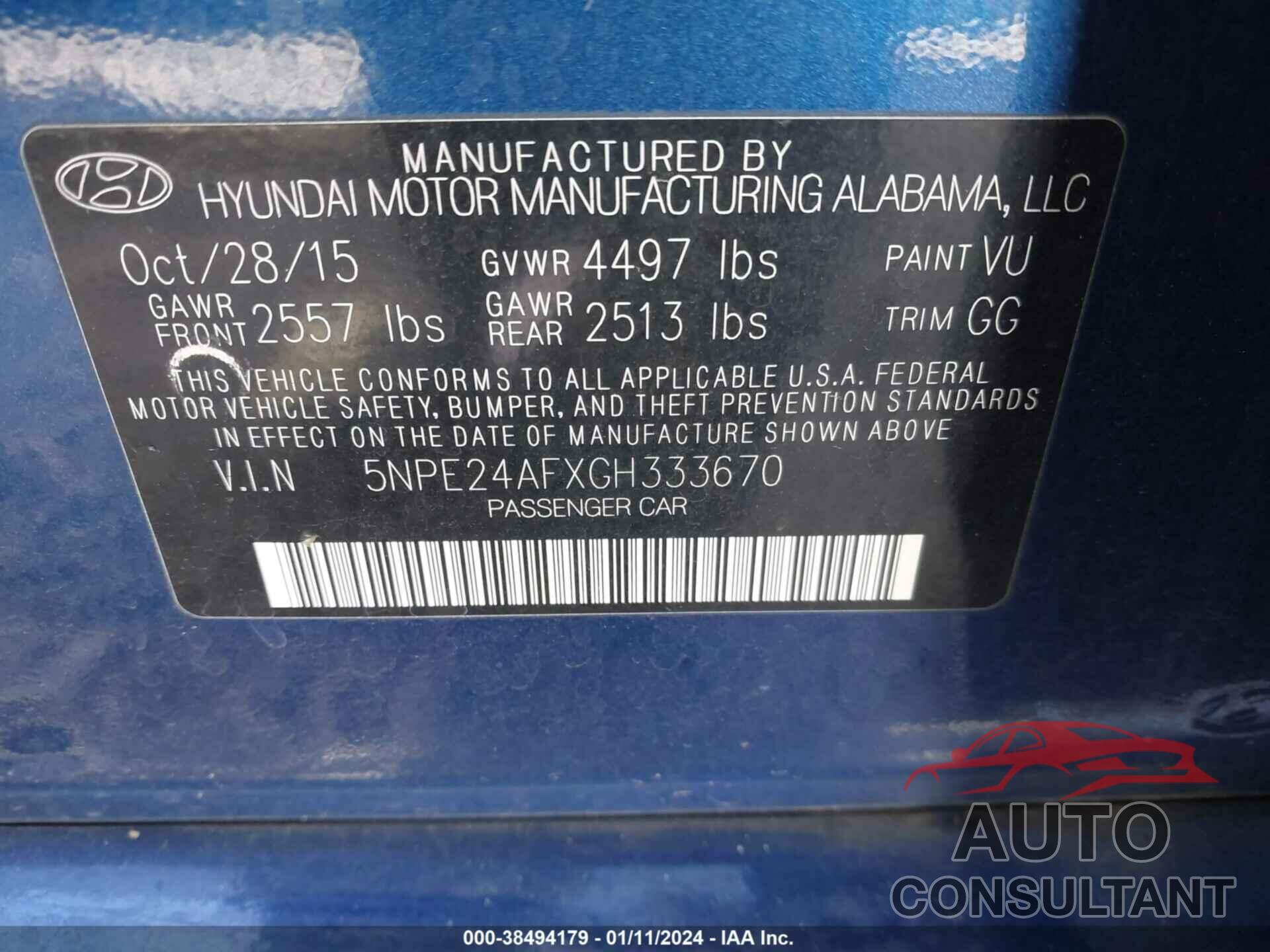 HYUNDAI SONATA 2016 - 5NPE24AFXGH333670