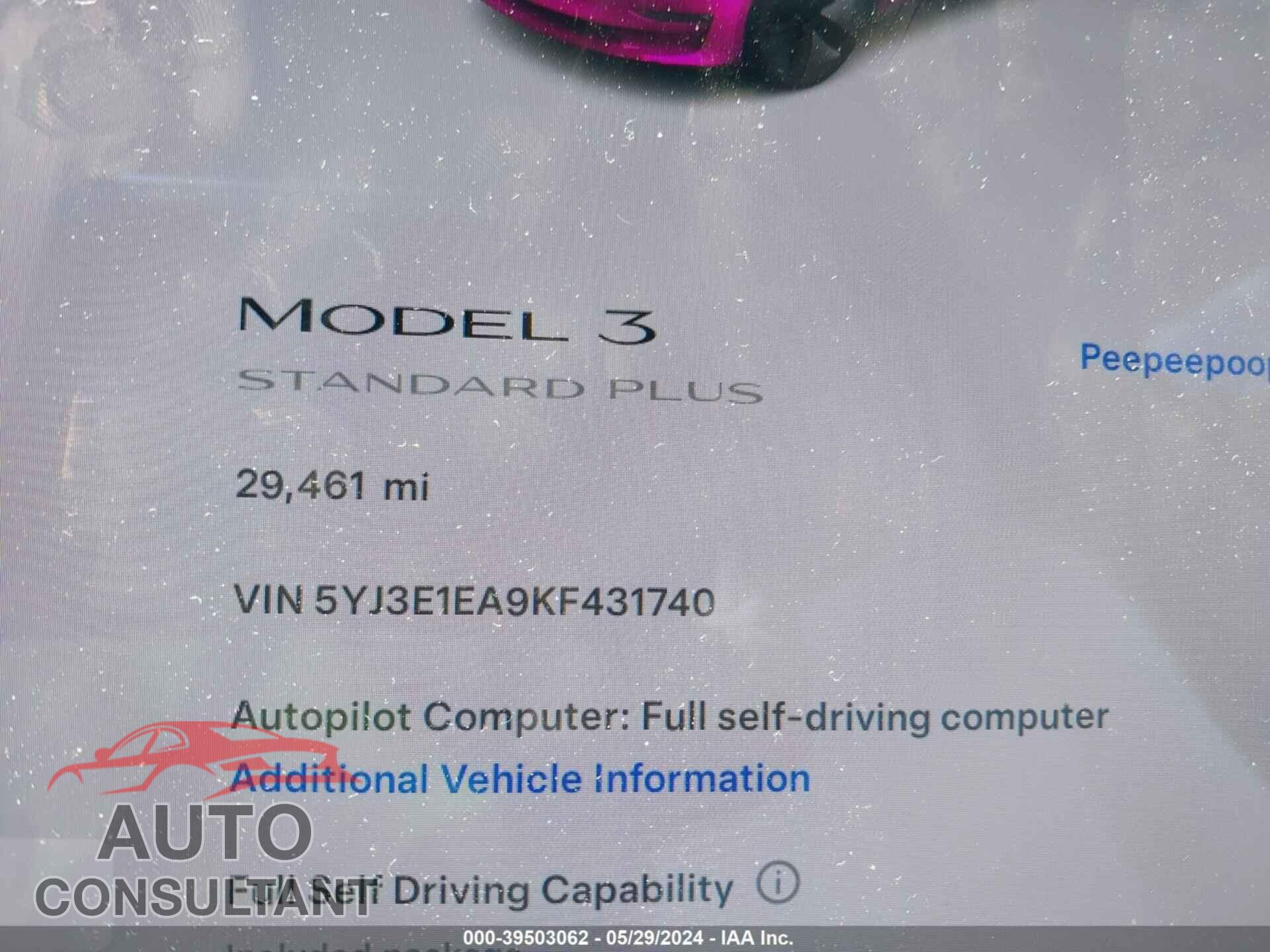 TESLA MODEL 3 2019 - 5YJ3E1EA9KF431740