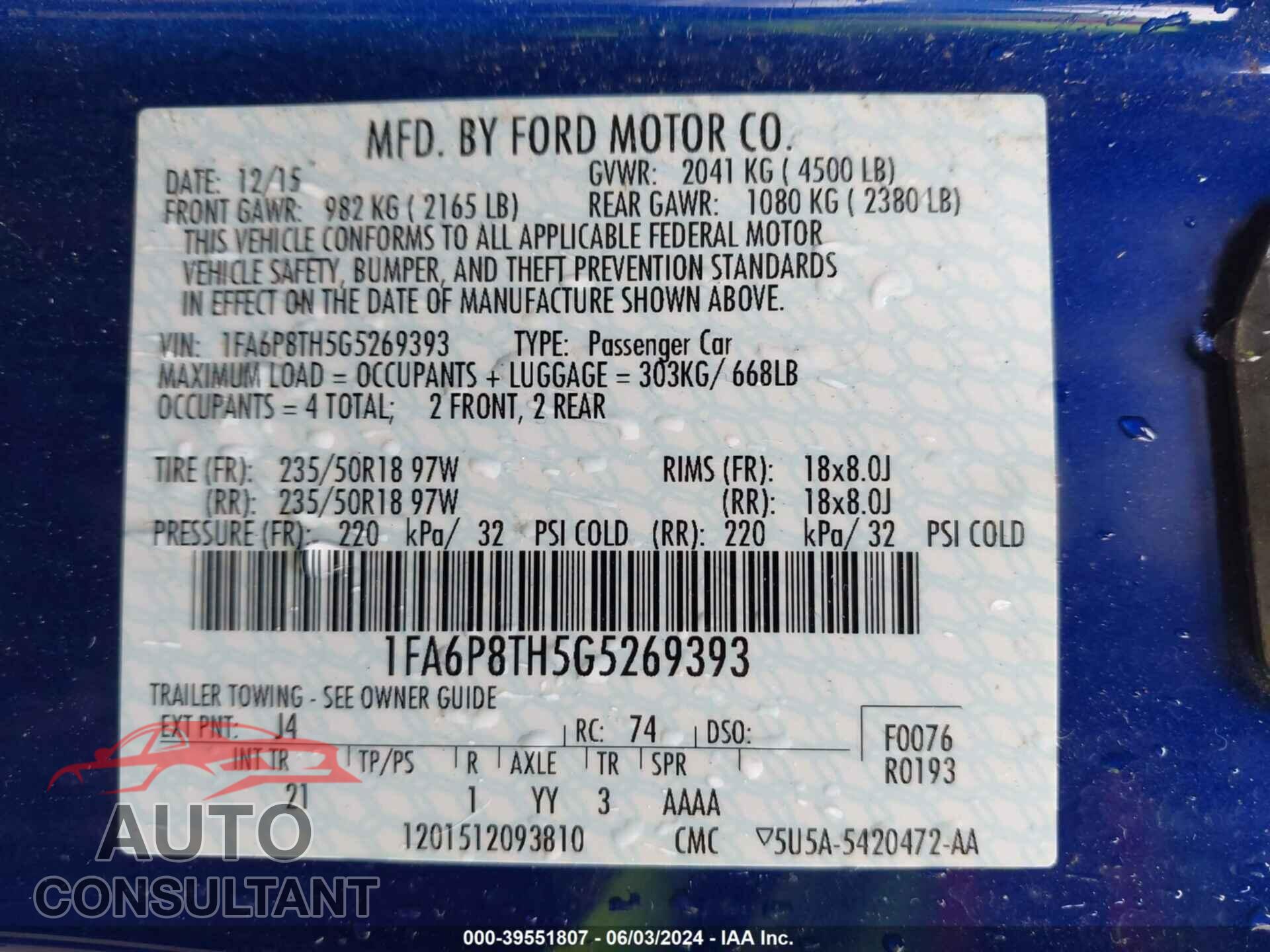FORD MUSTANG 2016 - 1FA6P8TH5G5269393