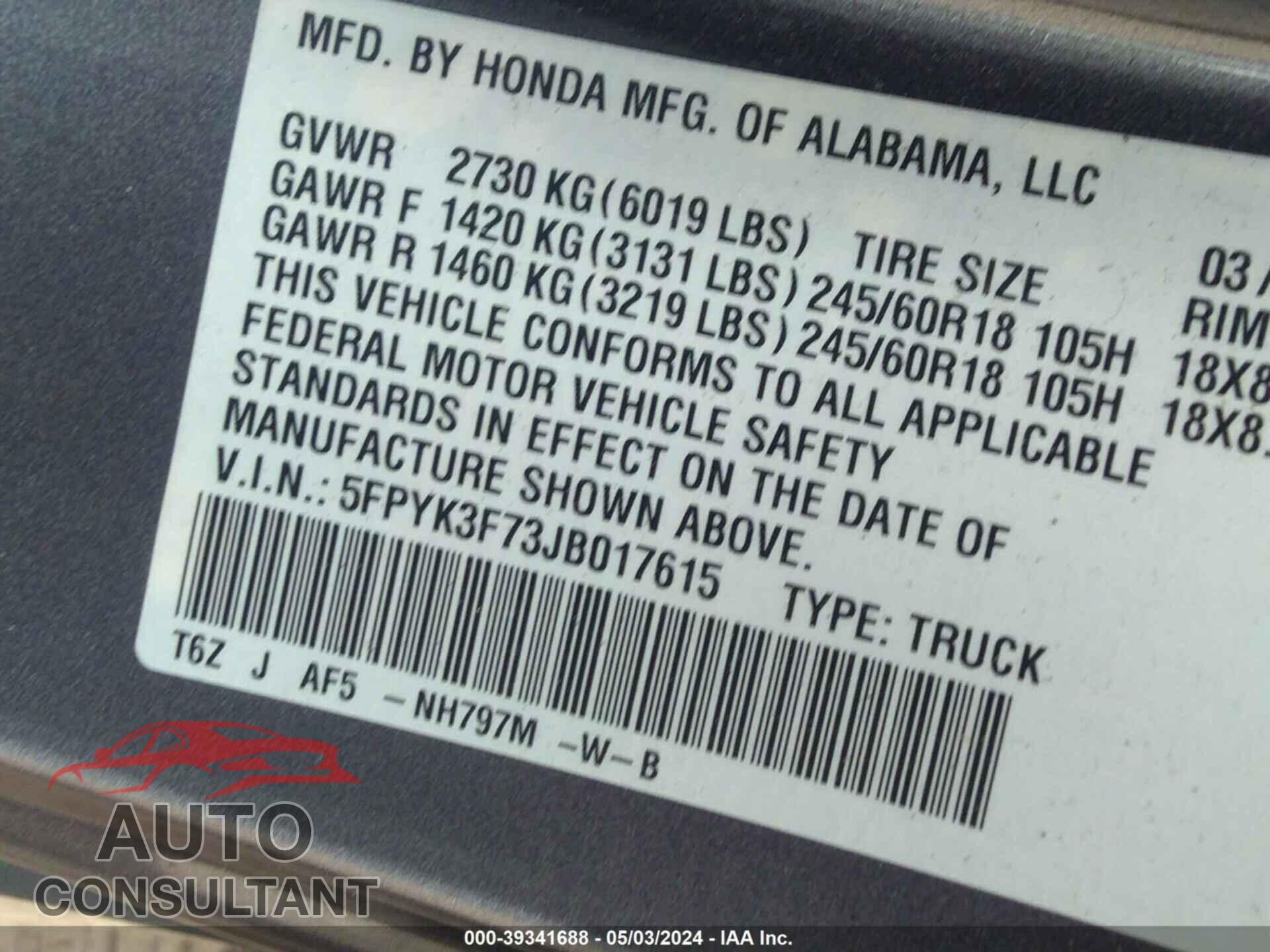HONDA RIDGELINE 2018 - 5FPYK3F73JB017615