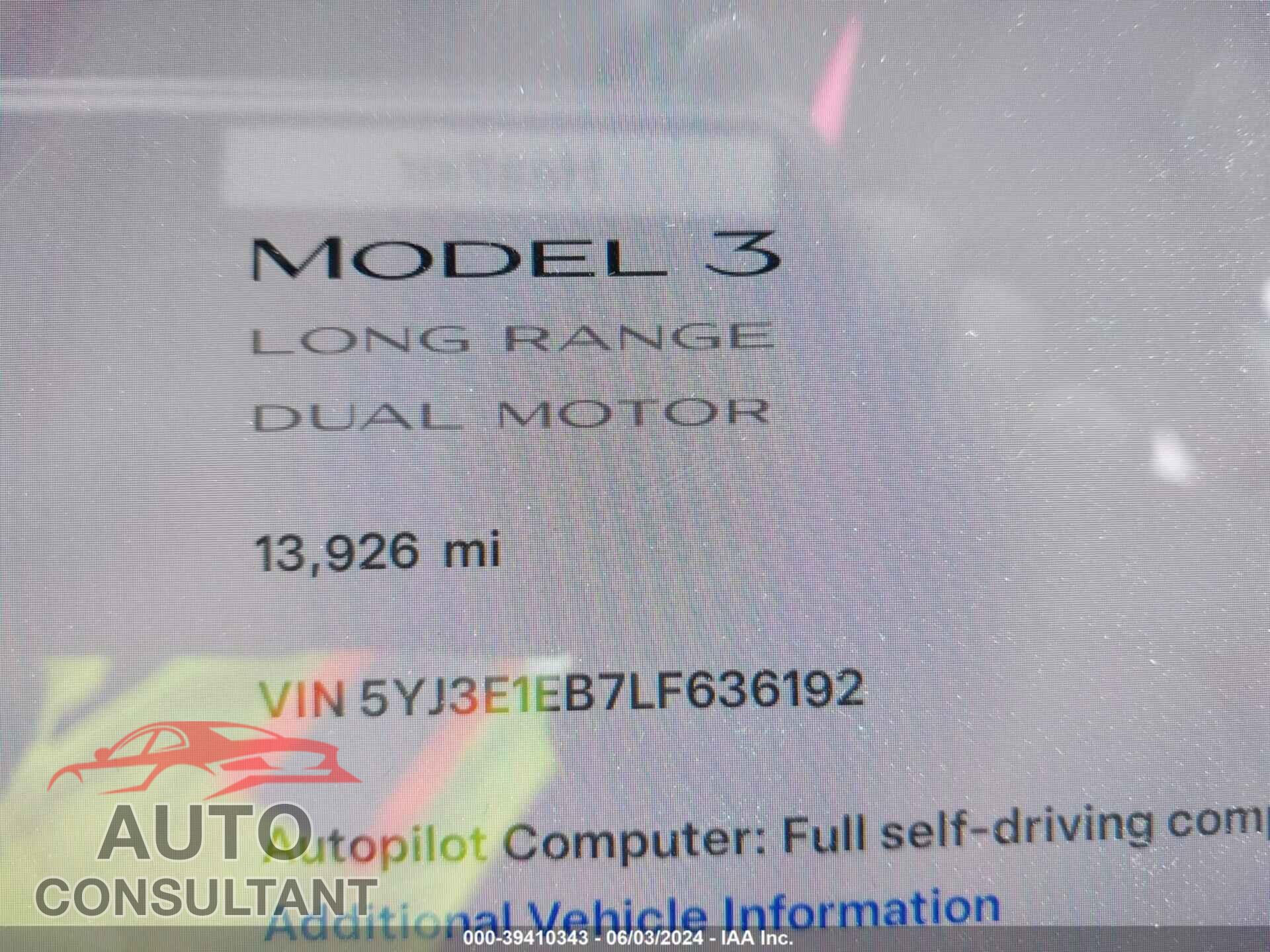 TESLA MODEL 3 2020 - 5YJ3E1EB7LF636192