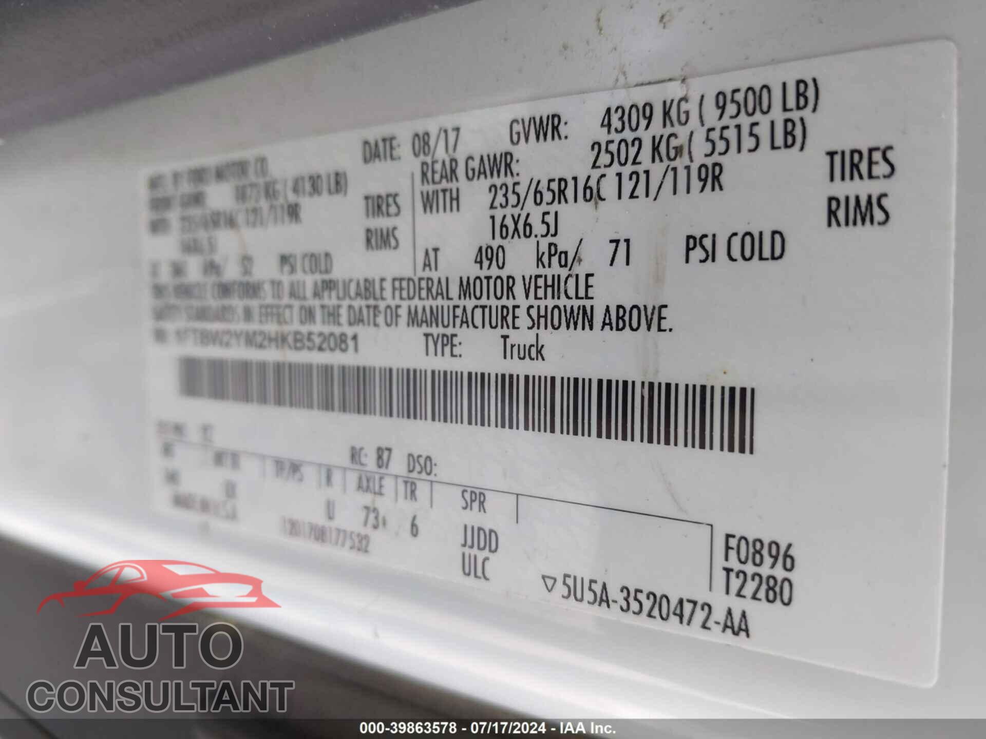 FORD TRANSIT-350 2017 - 1FTBW2YM2HKB52081
