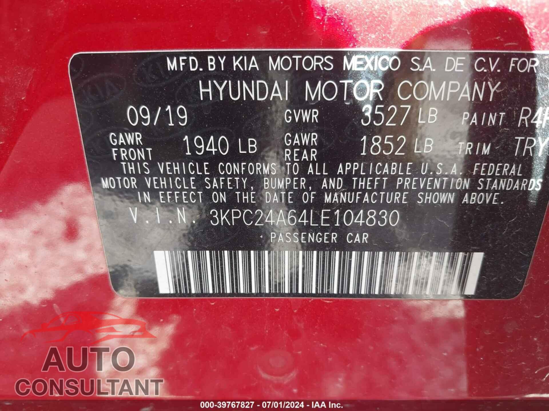 HYUNDAI ACCENT 2020 - 3KPC24A64LE104830