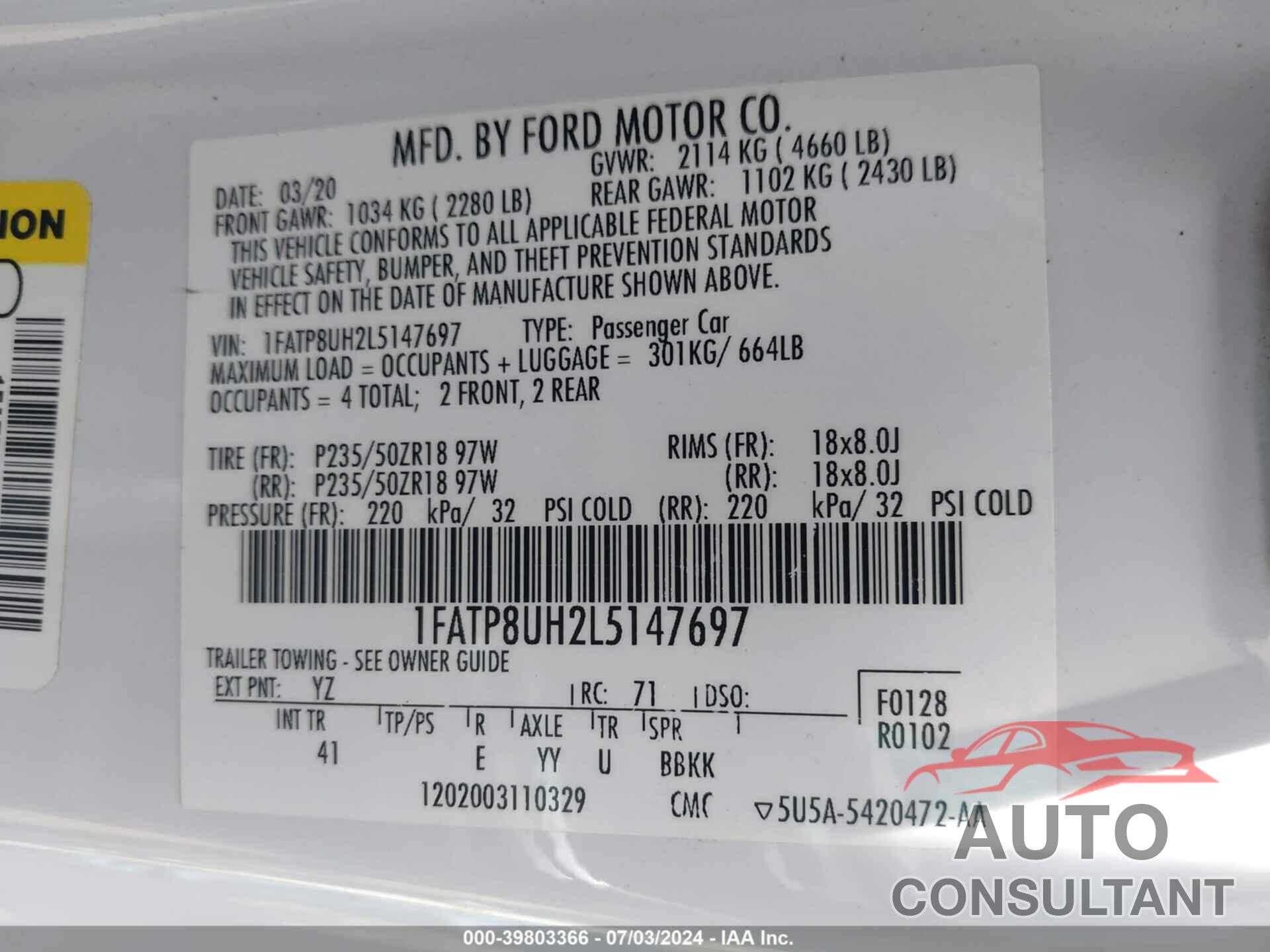 FORD MUSTANG 2020 - 1FATP8UH2L5147697