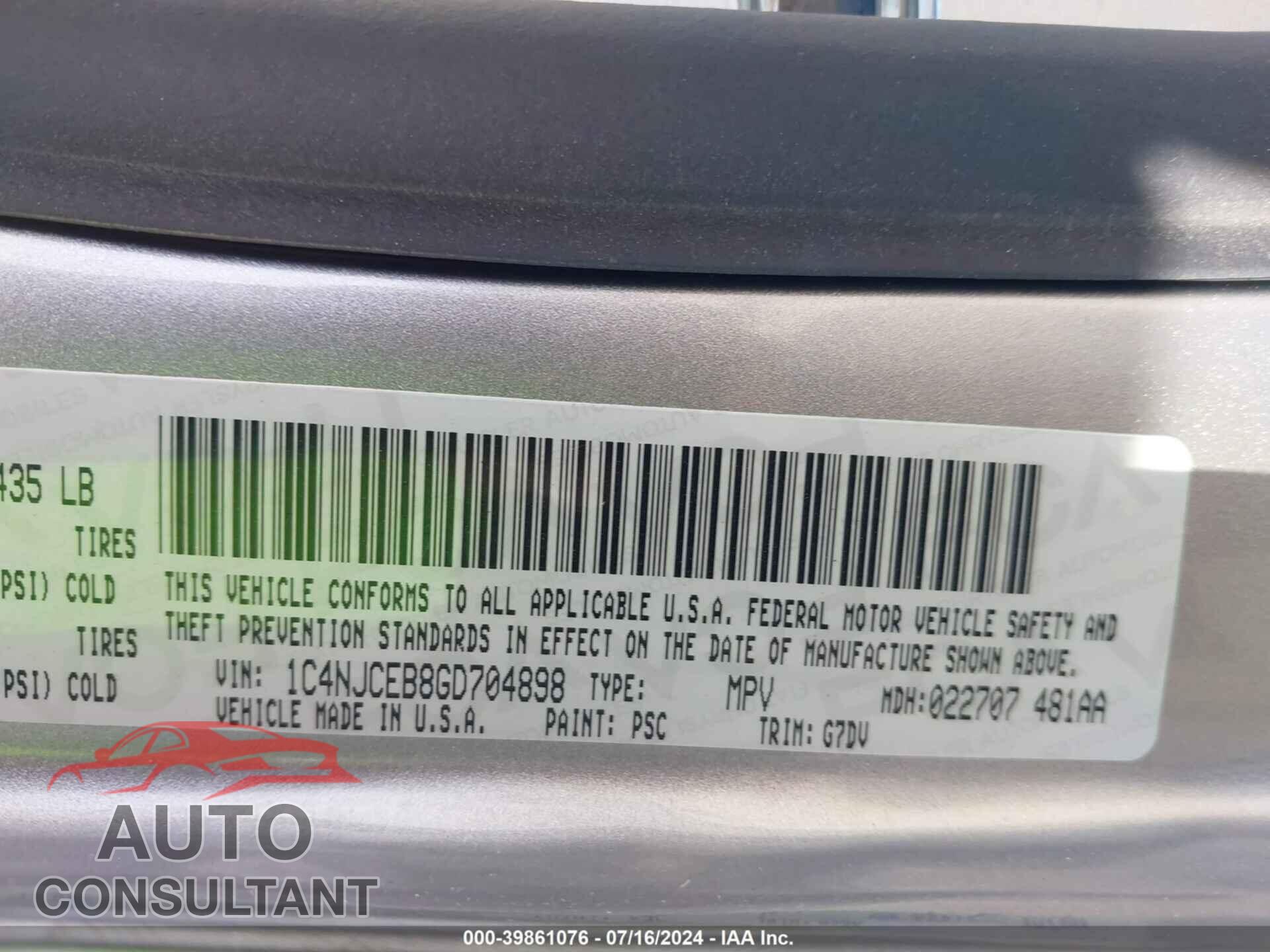 JEEP COMPASS 2016 - 1C4NJCEB8GD704898