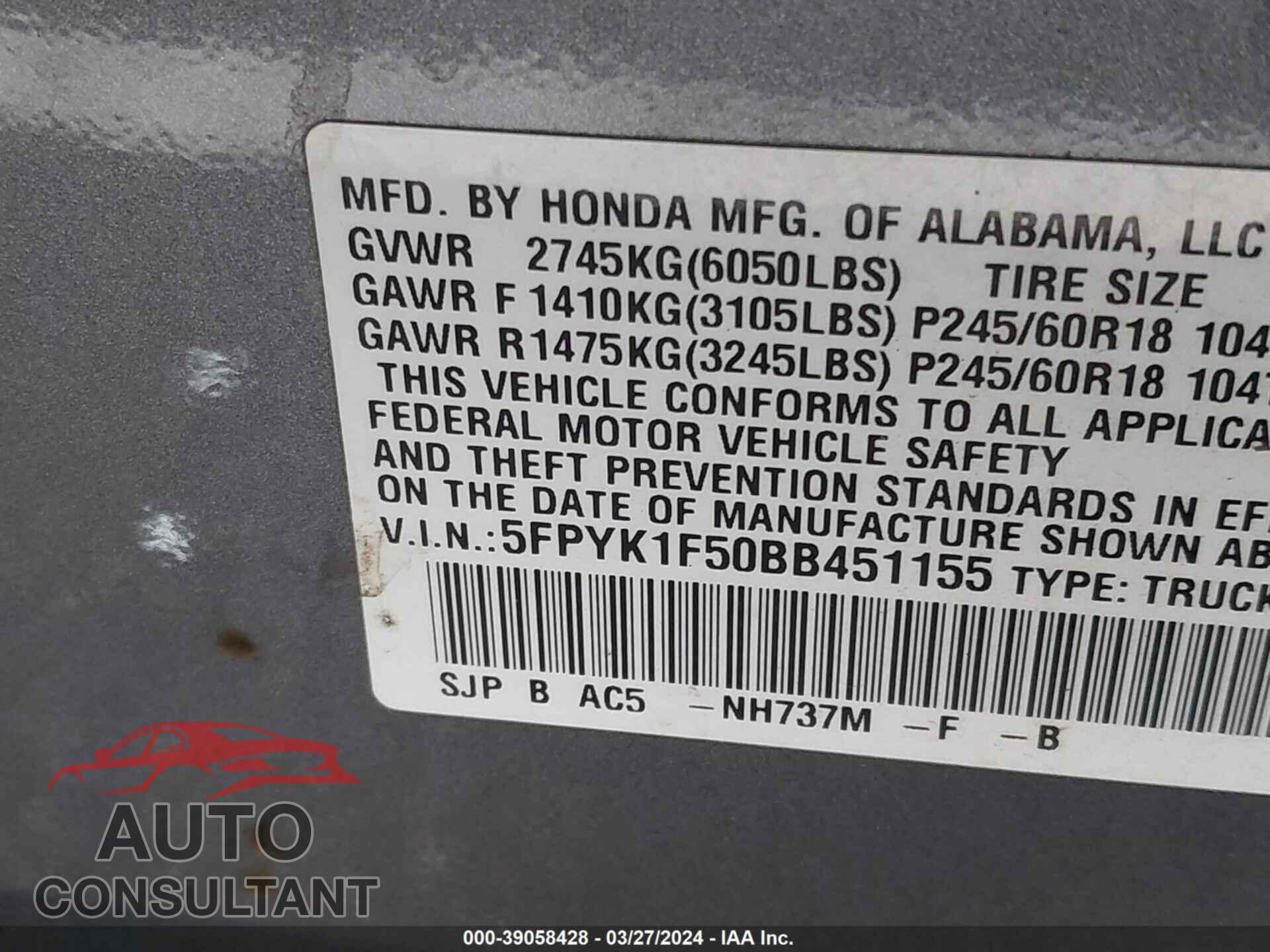 HONDA RIDGELINE 2011 - 5FPYK1F50BB451155