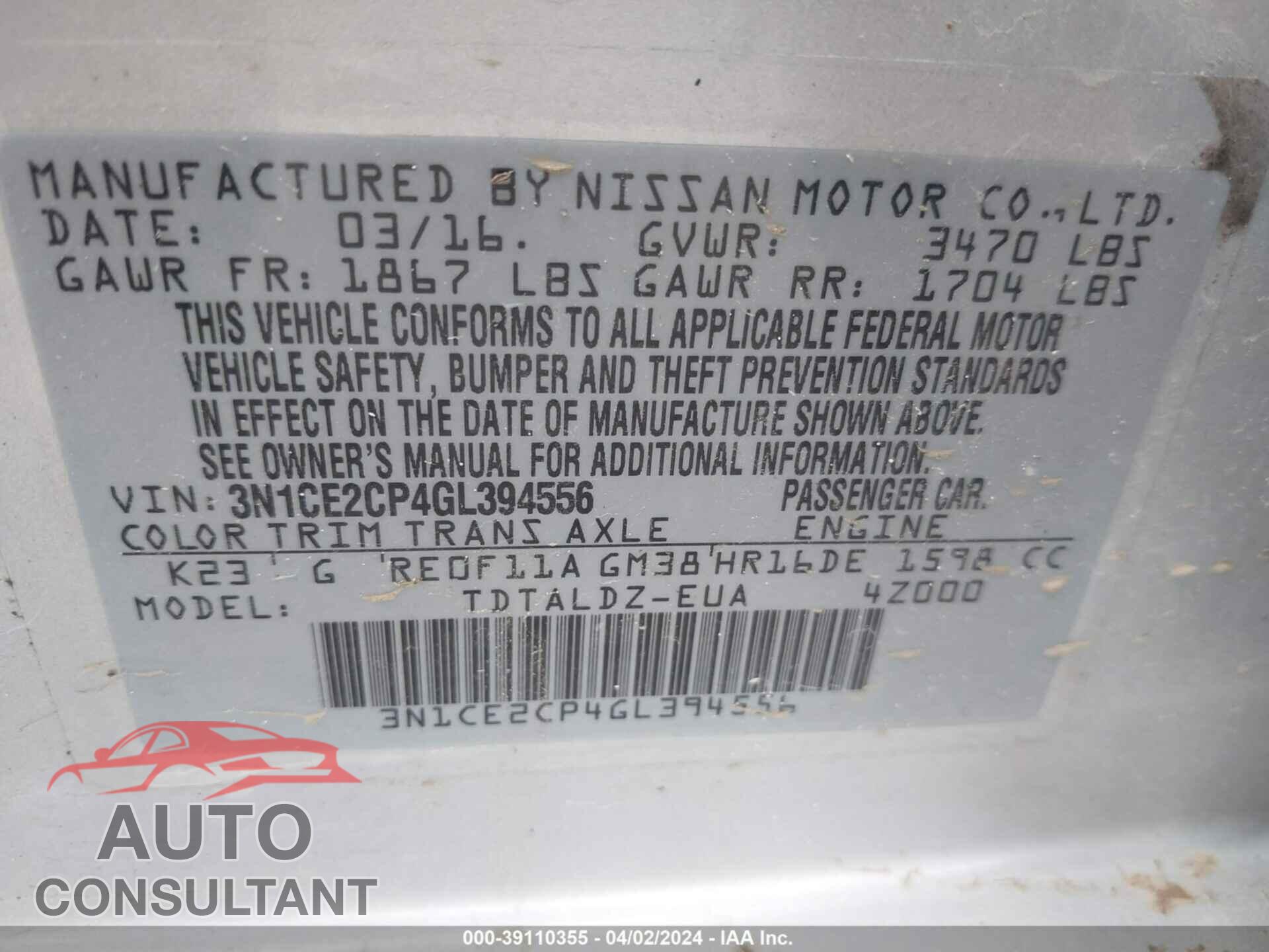 NISSAN VERSA NOTE 2016 - 3N1CE2CP4GL394556