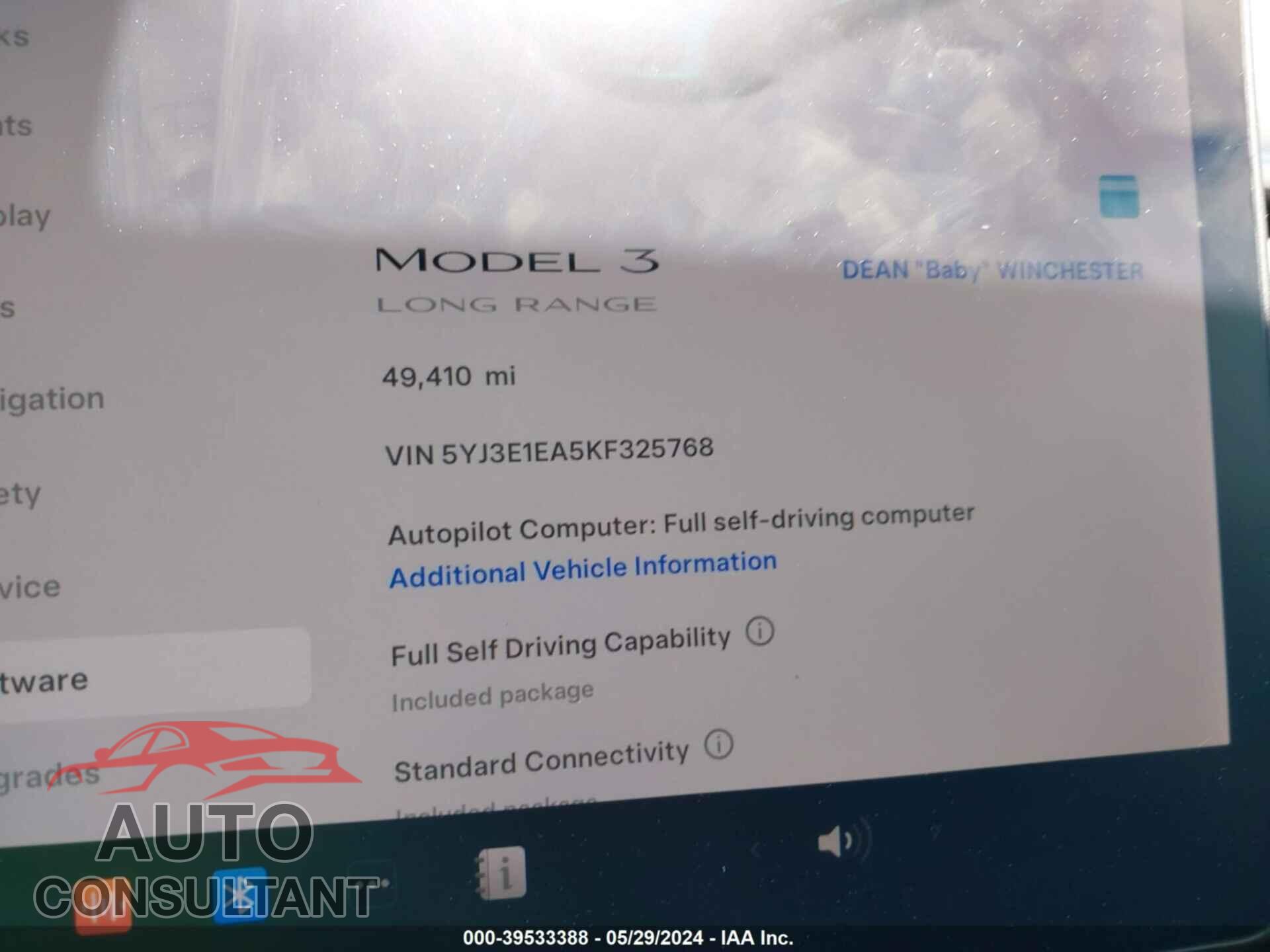 TESLA MODEL 3 2019 - 5YJ3E1EA5KF325768