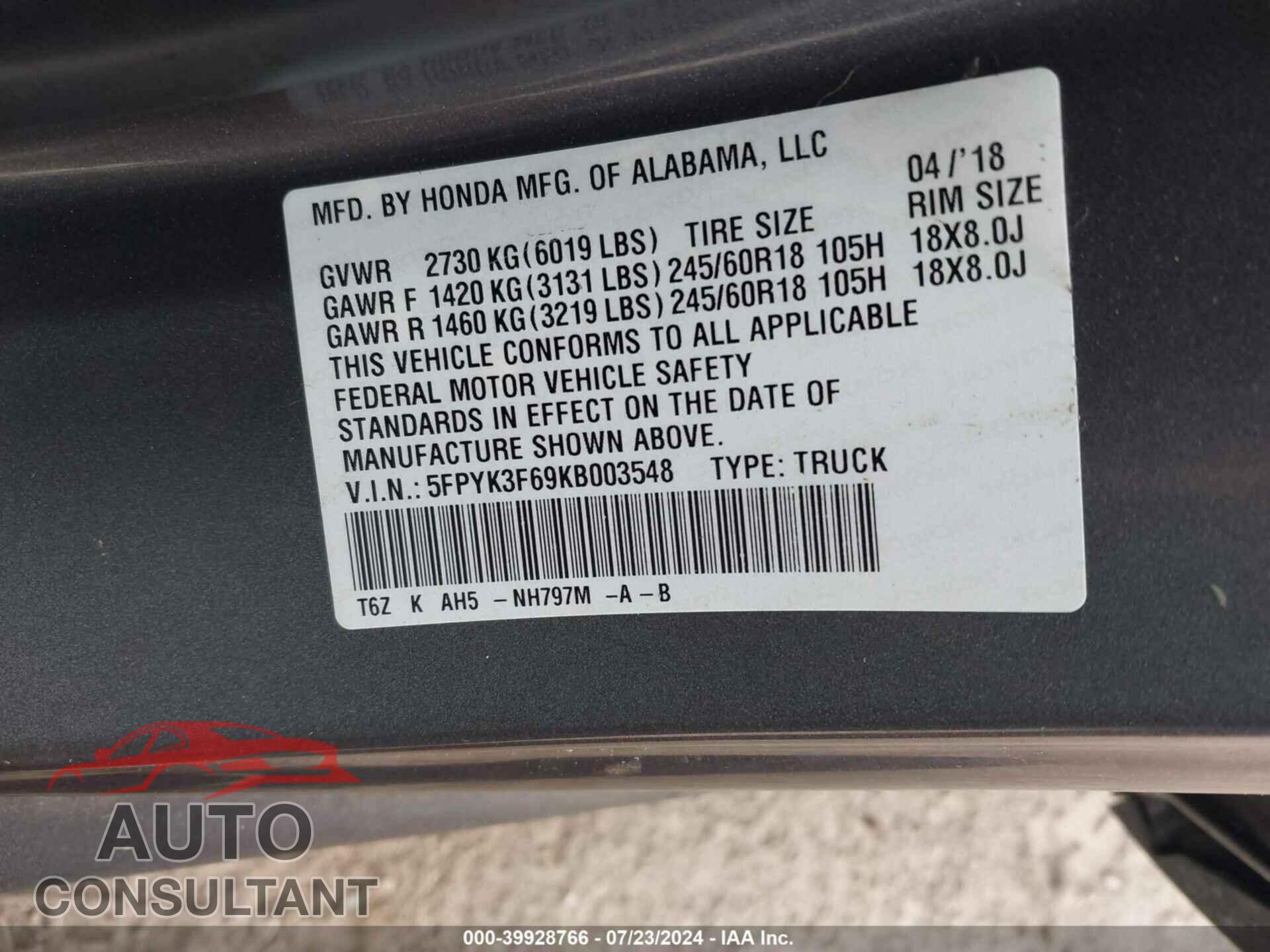 HONDA RIDGELINE 2019 - 5FPYK3F69KB003548