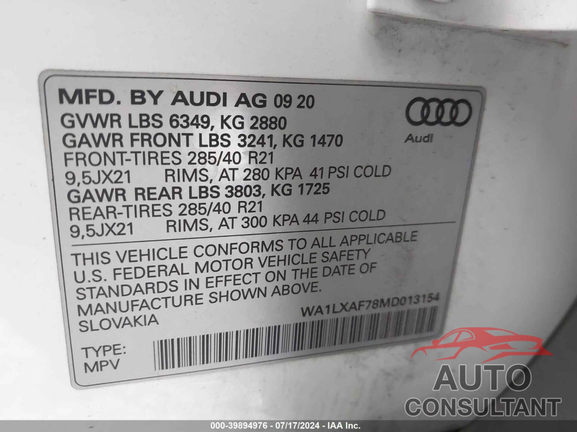 AUDI Q7 2021 - WA1LXAF78MD013154