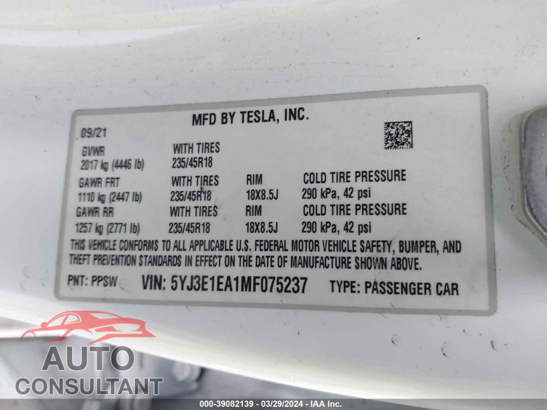 TESLA MODEL 3 2021 - 5YJ3E1EA1MF075237