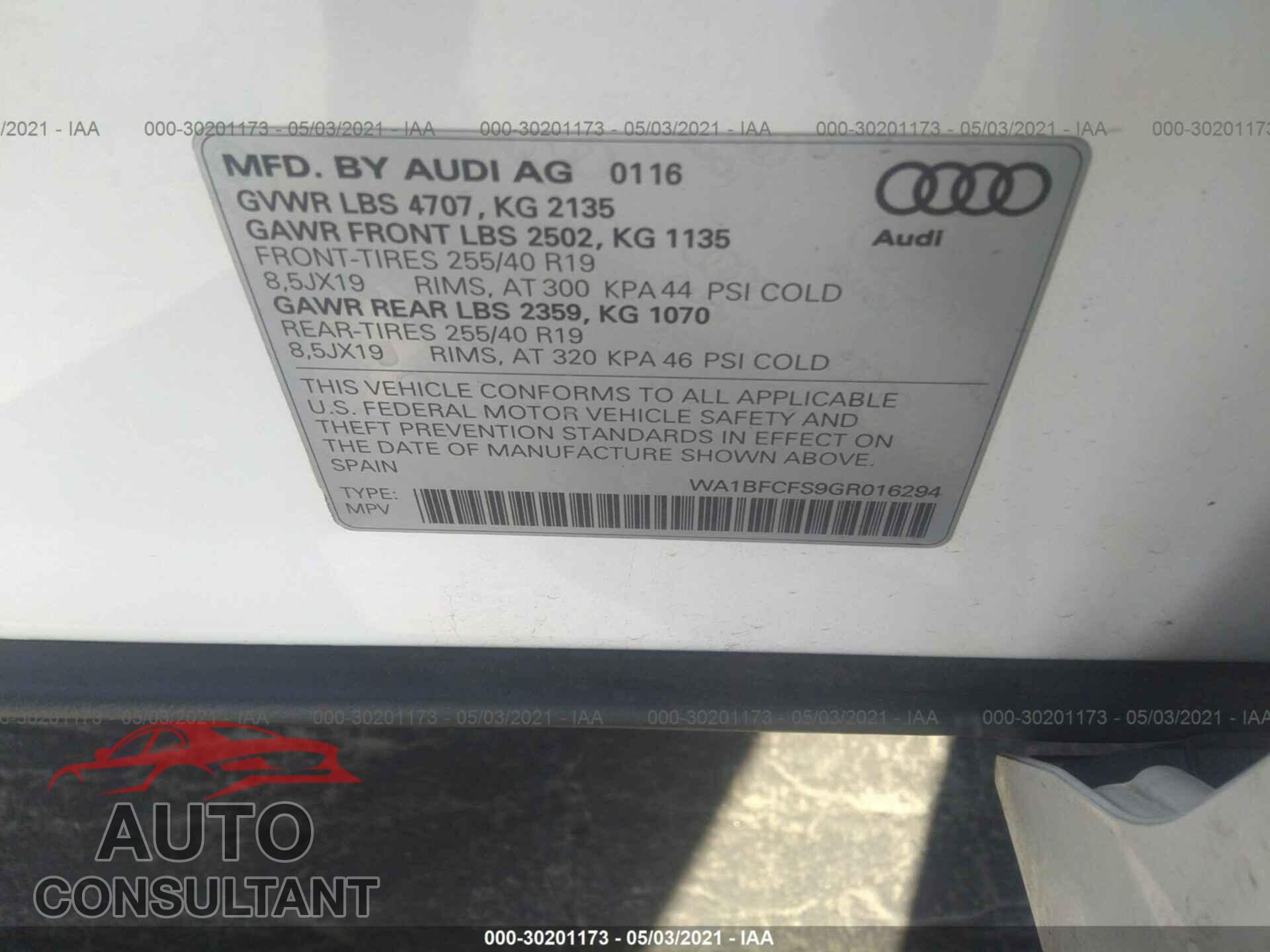 AUDI Q3 2016 - WA1BFCFS9GR016294