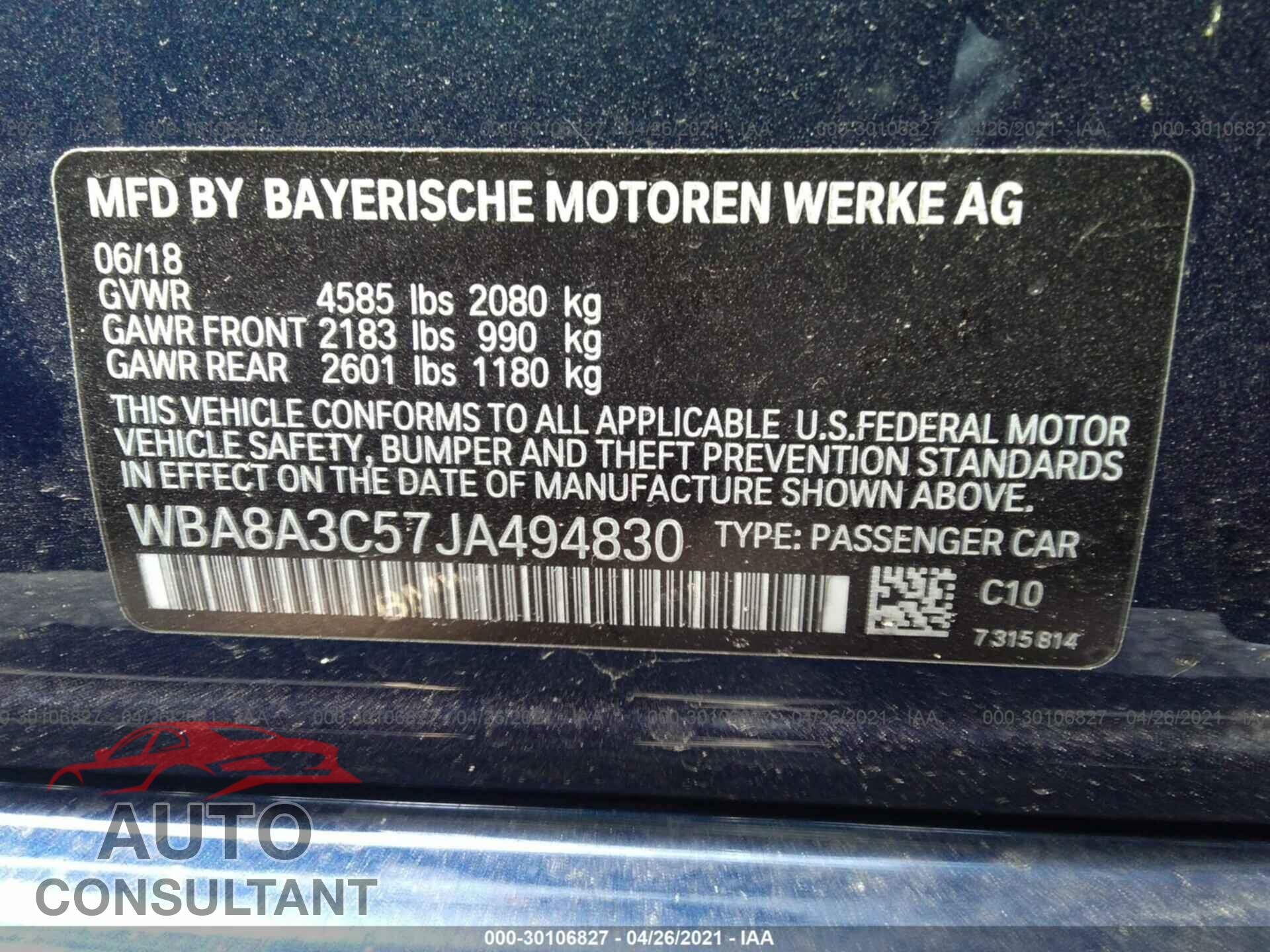 BMW 3 SERIES 2018 - WBA8A3C57JA494830