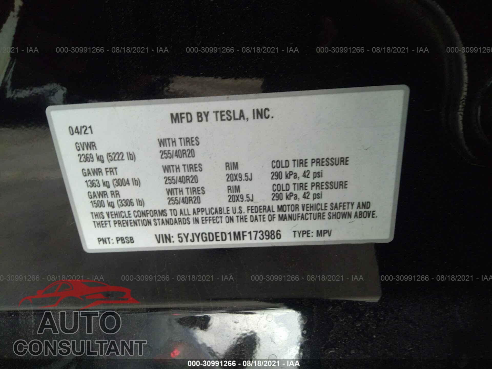 TESLA MODEL Y 2021 - 5YJYGDED1MF173986