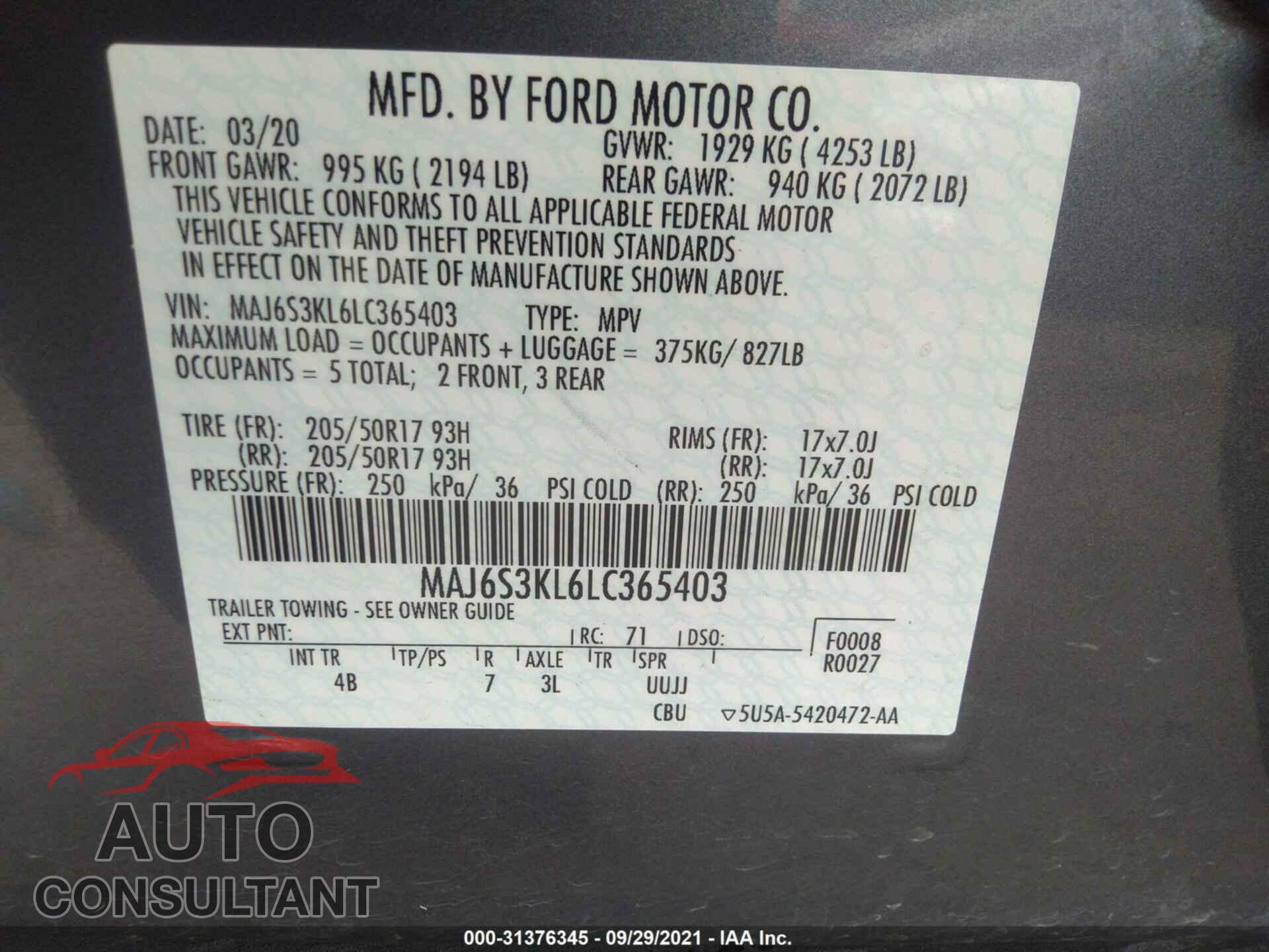 FORD ECOSPORT 2020 - MAJ6S3KL6LC365403