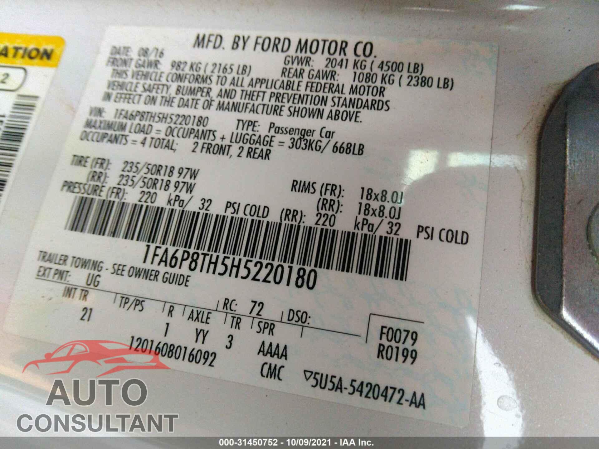 FORD MUSTANG 2017 - 1FA6P8TH5H5220180