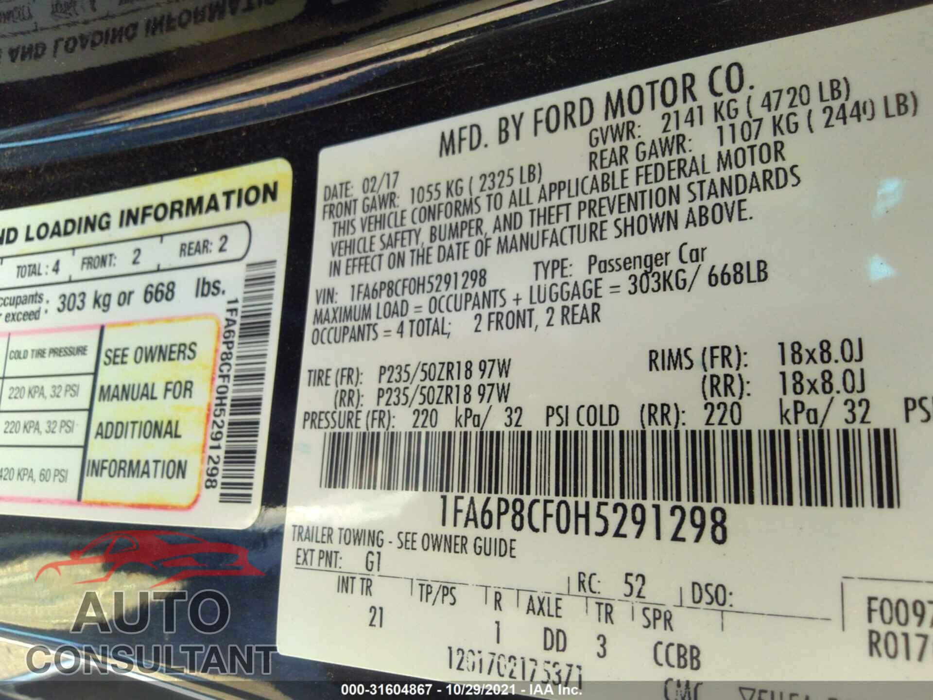 FORD MUSTANG 2017 - 1FA6P8CF0H5291298