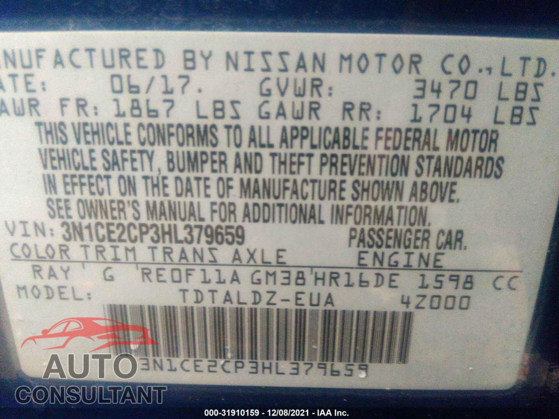 NISSAN VERSA NOTE 2017 - 3N1CE2CP3HL379659