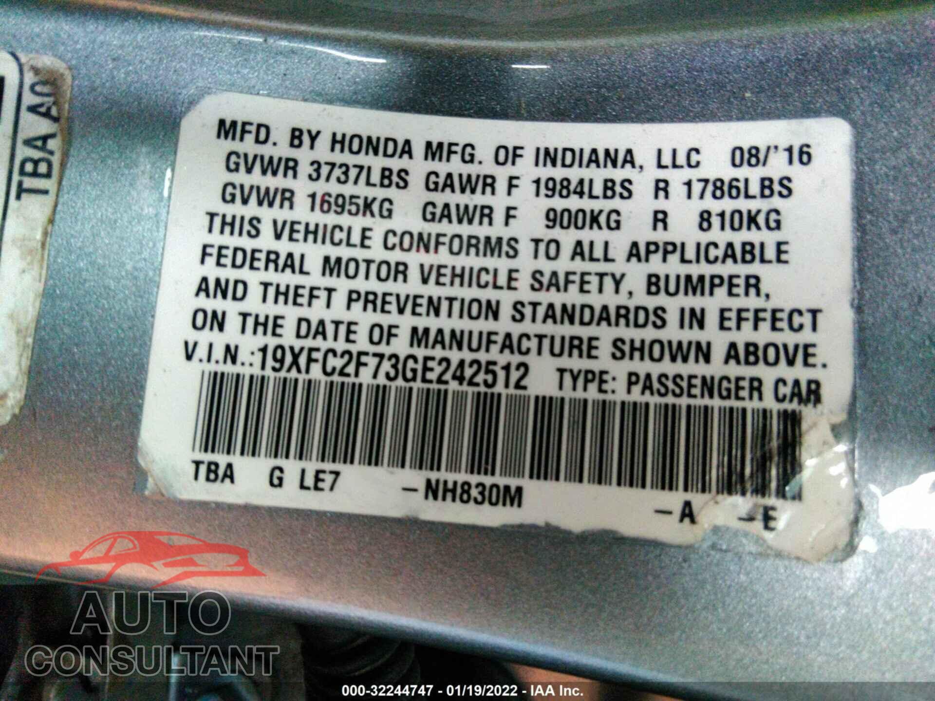 HONDA CIVIC SEDAN 2016 - 19XFC2F73GE242512