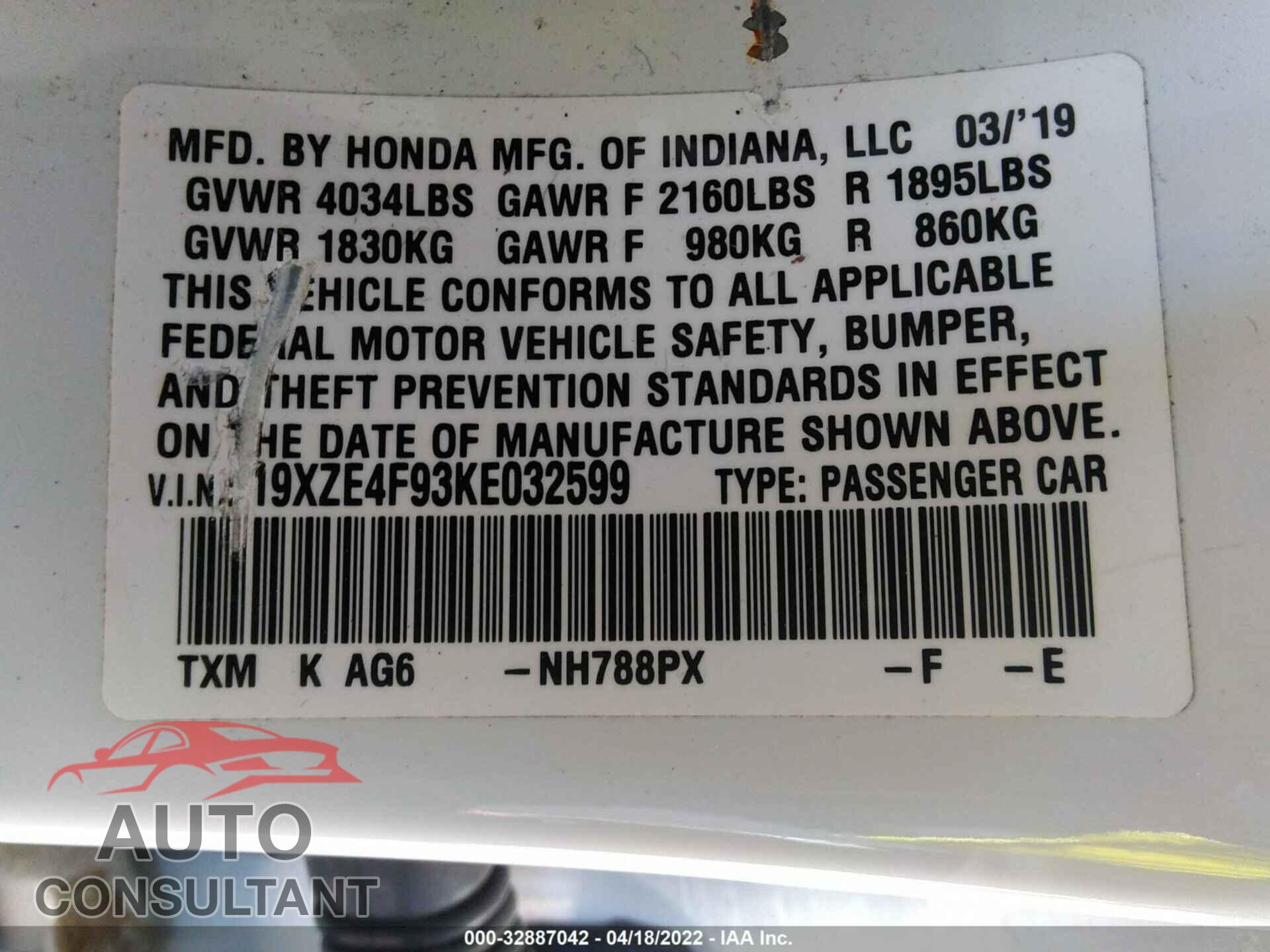 HONDA INSIGHT 2019 - 19XZE4F93KE032599