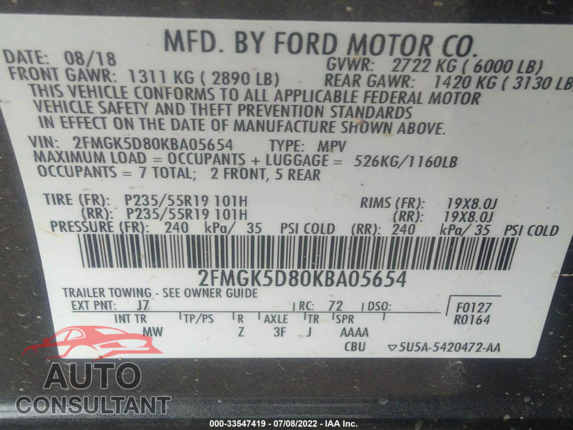 FORD FLEX 2019 - 2FMGK5D80KBA05654