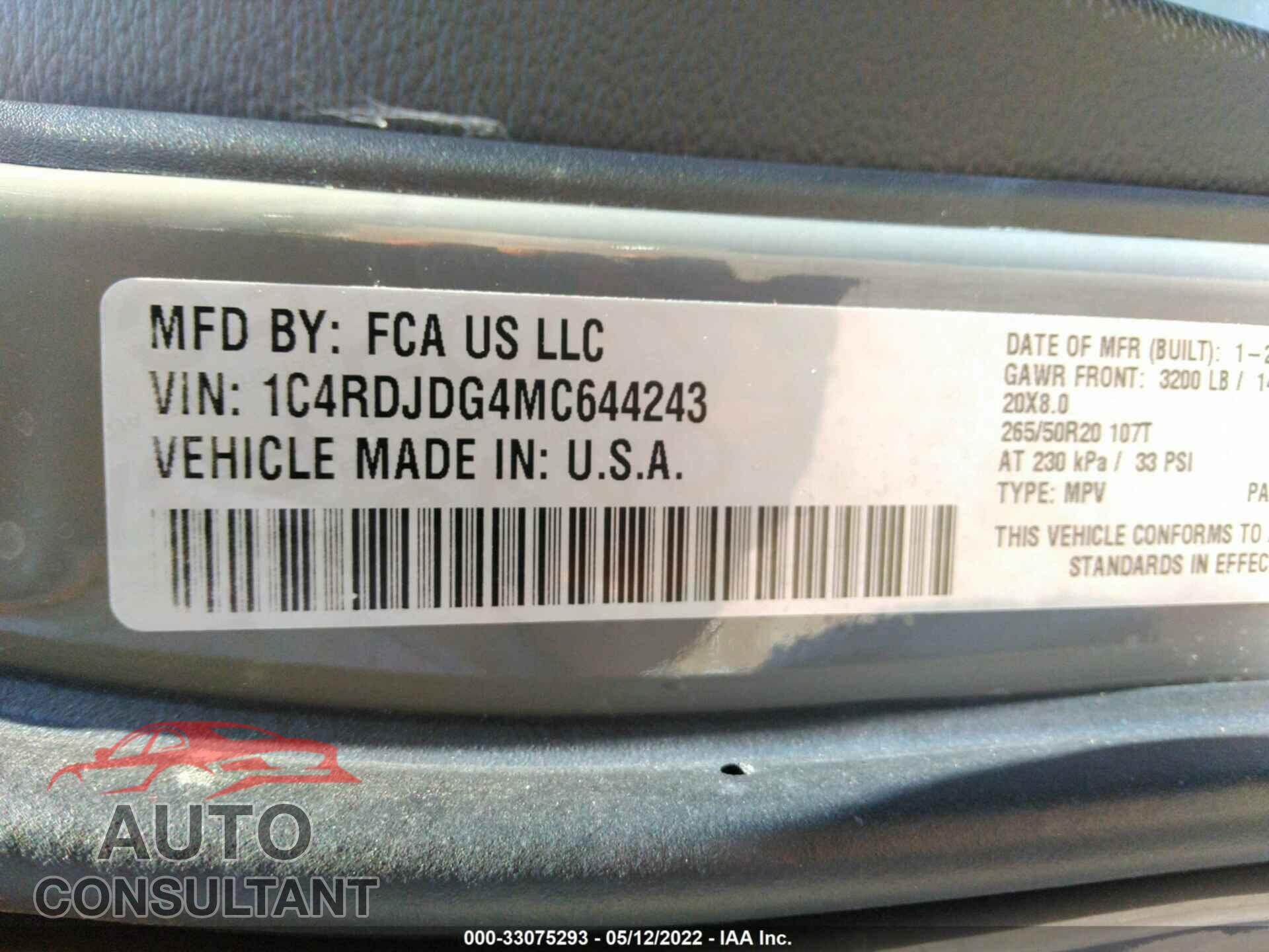DODGE DURANGO 2021 - 1C4RDJDG4MC644243