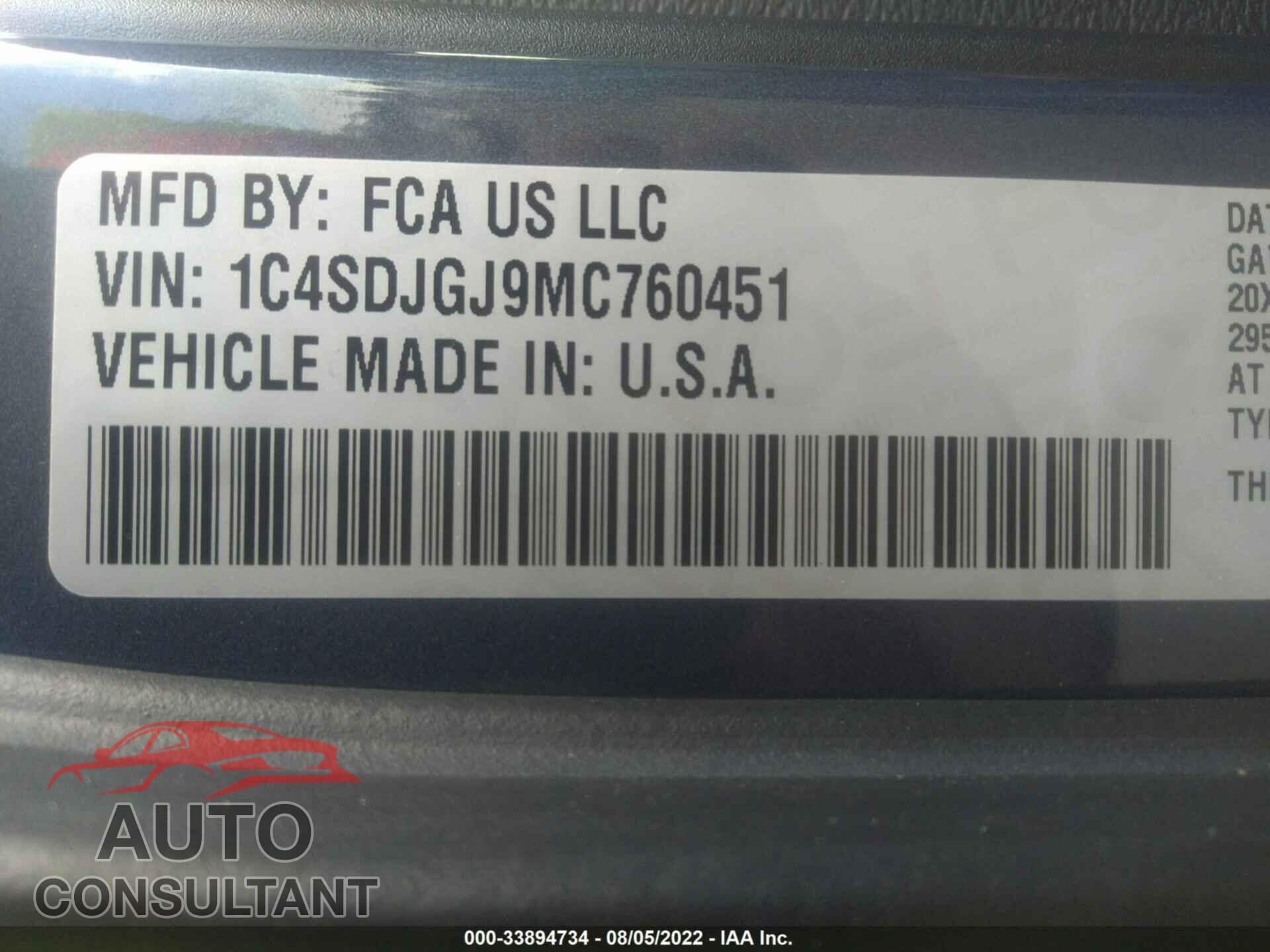 DODGE DURANGO 2021 - 1C4SDJGJ9MC760451