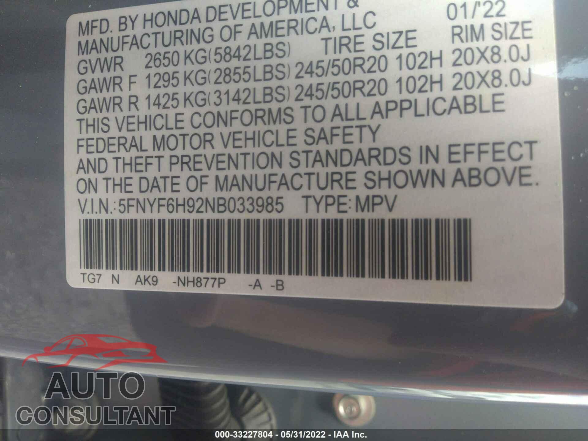 HONDA PILOT 2022 - 5FNYF6H92NB033985