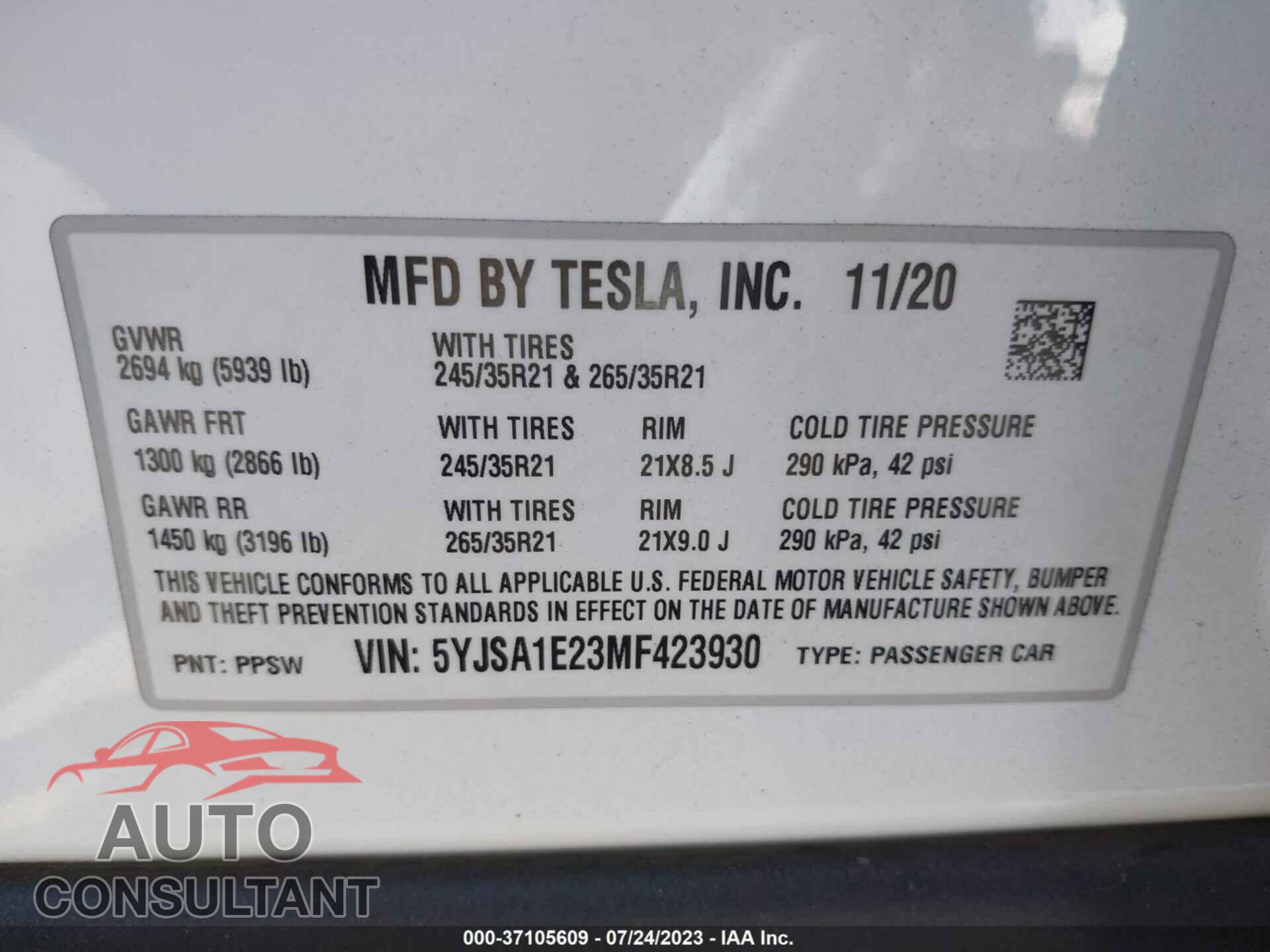 TESLA MODEL S 2021 - 5YJSA1E23MF423930