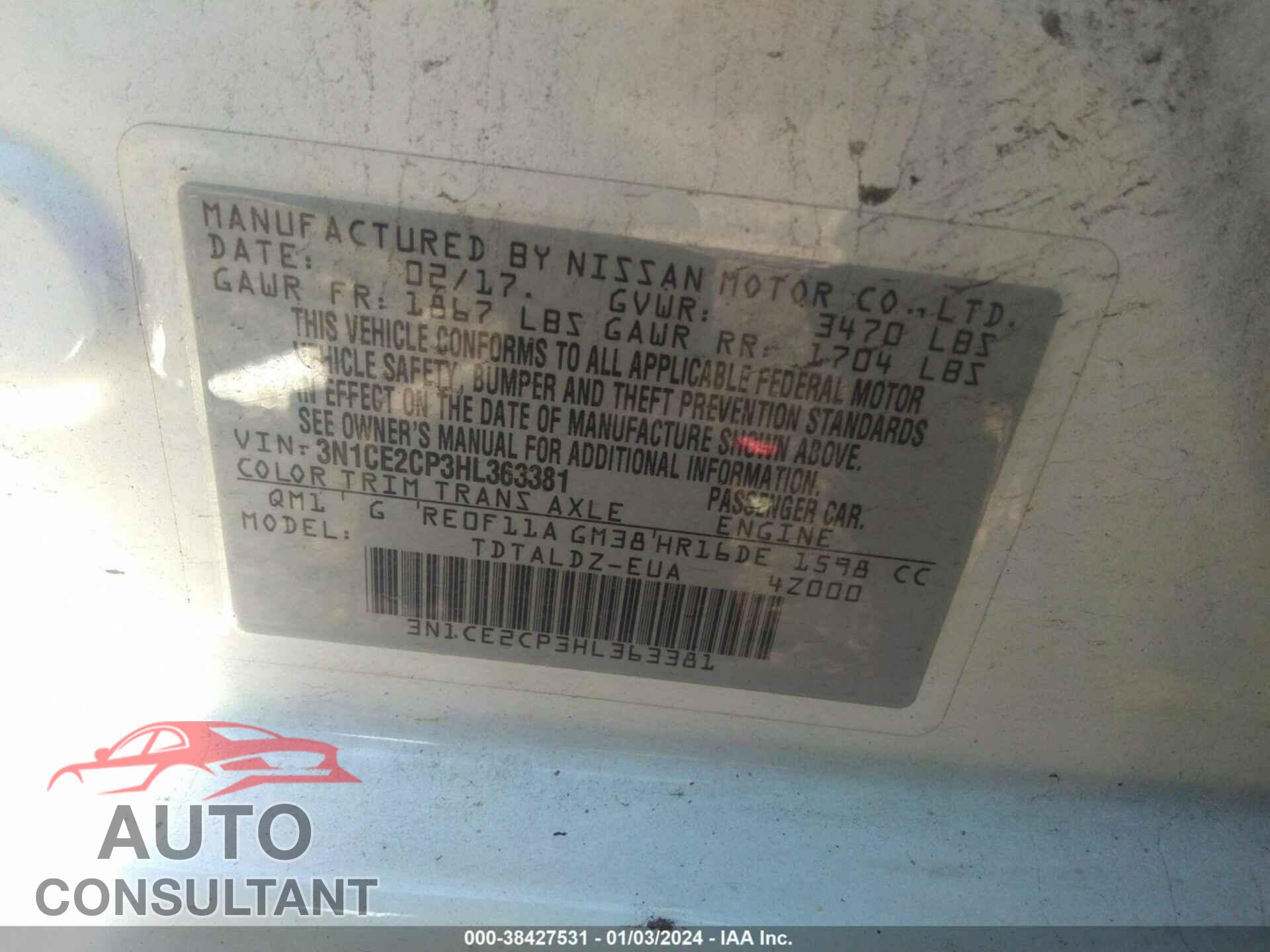 NISSAN VERSA NOTE 2017 - 3N1CE2CP3HL363381
