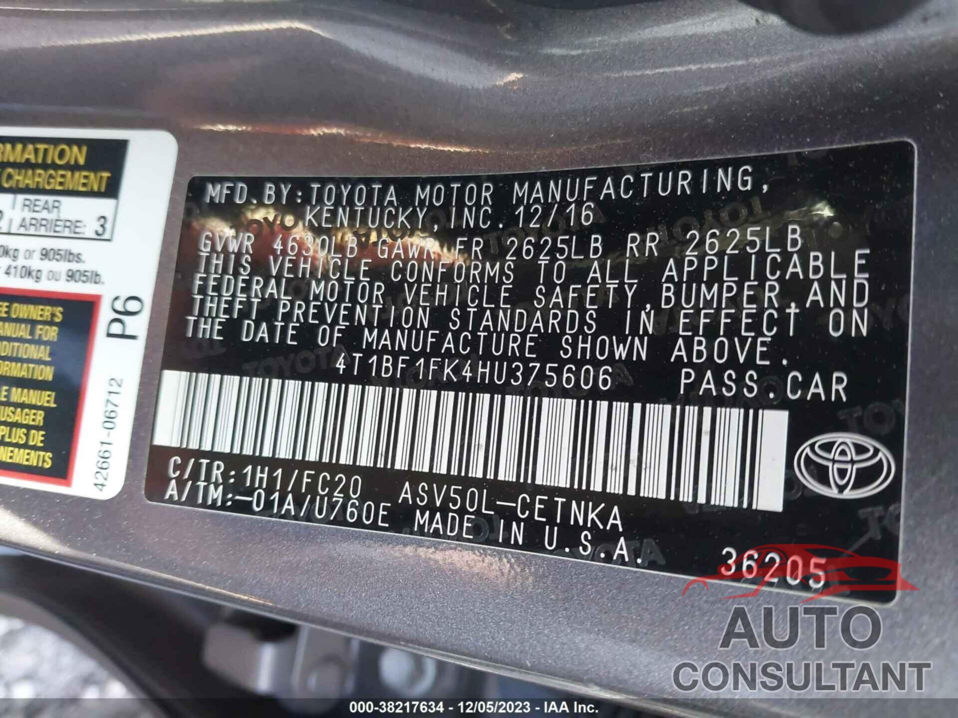 TOYOTA CAMRY 2017 - 4T1BF1FK4HU375606