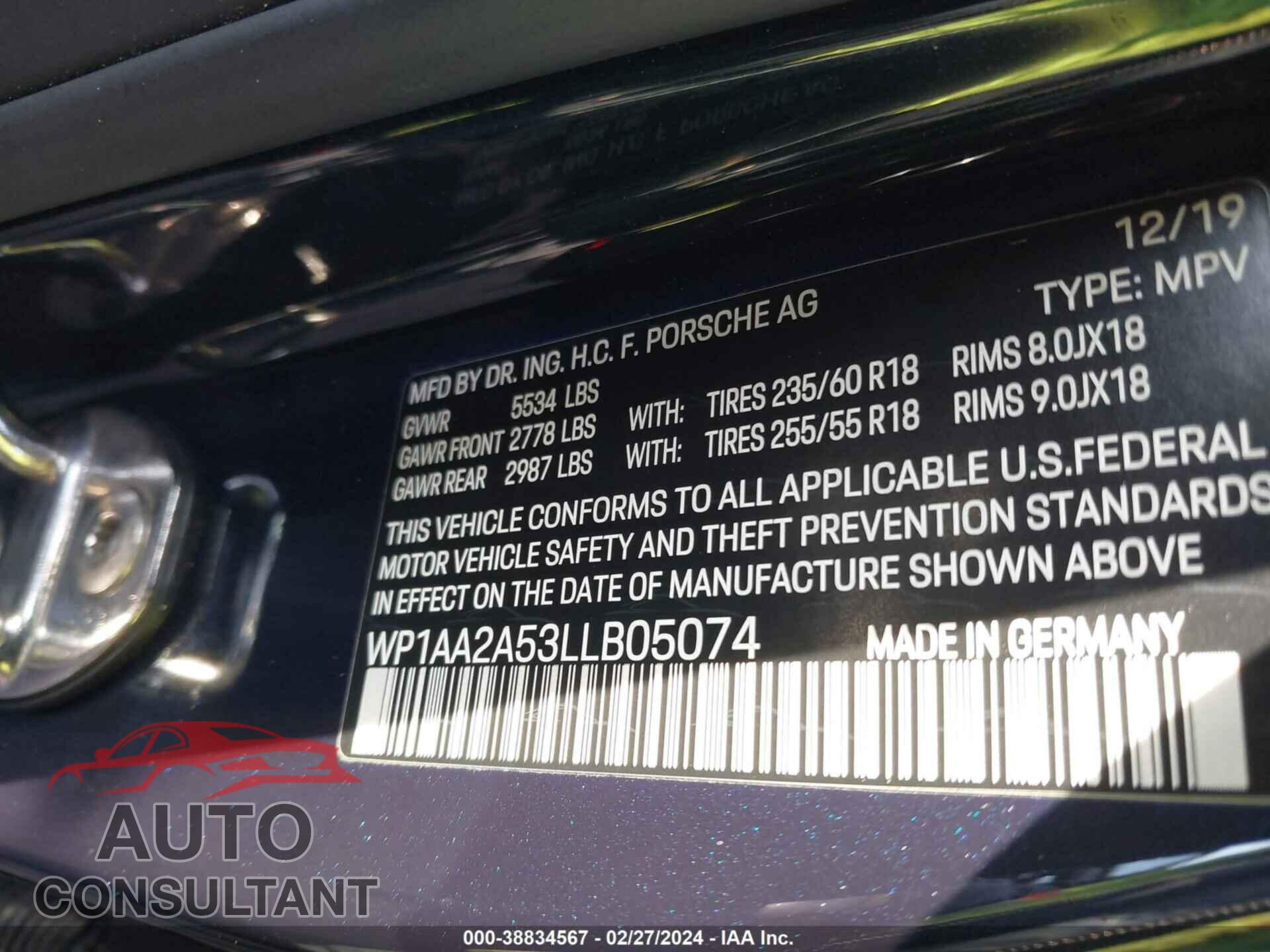 PORSCHE MACAN 2020 - WP1AA2A53LLB05074