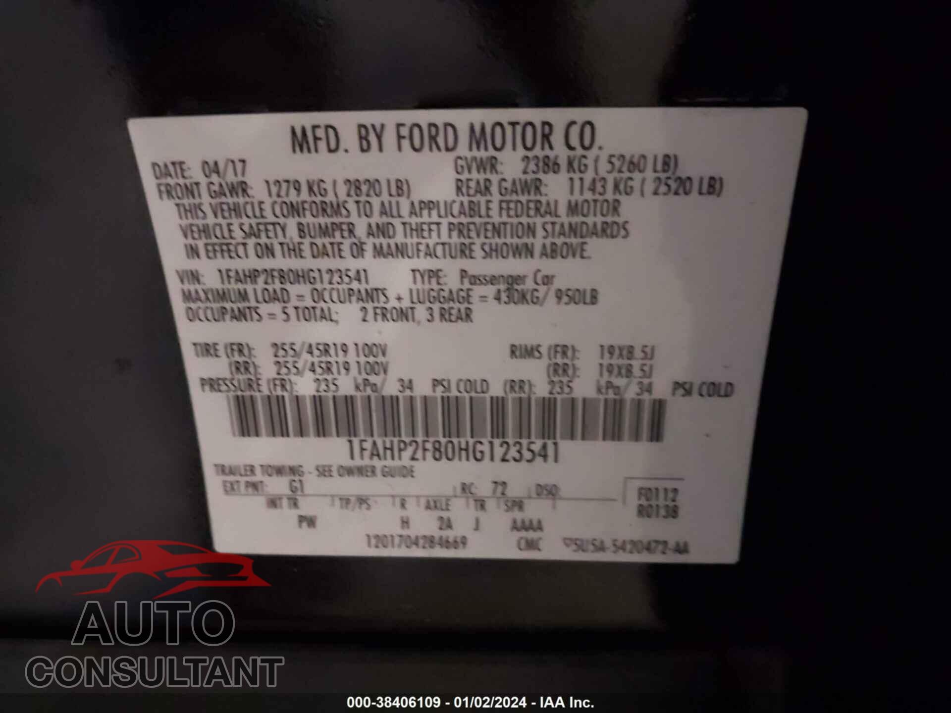 FORD TAURUS 2017 - 1FAHP2F80HG123541