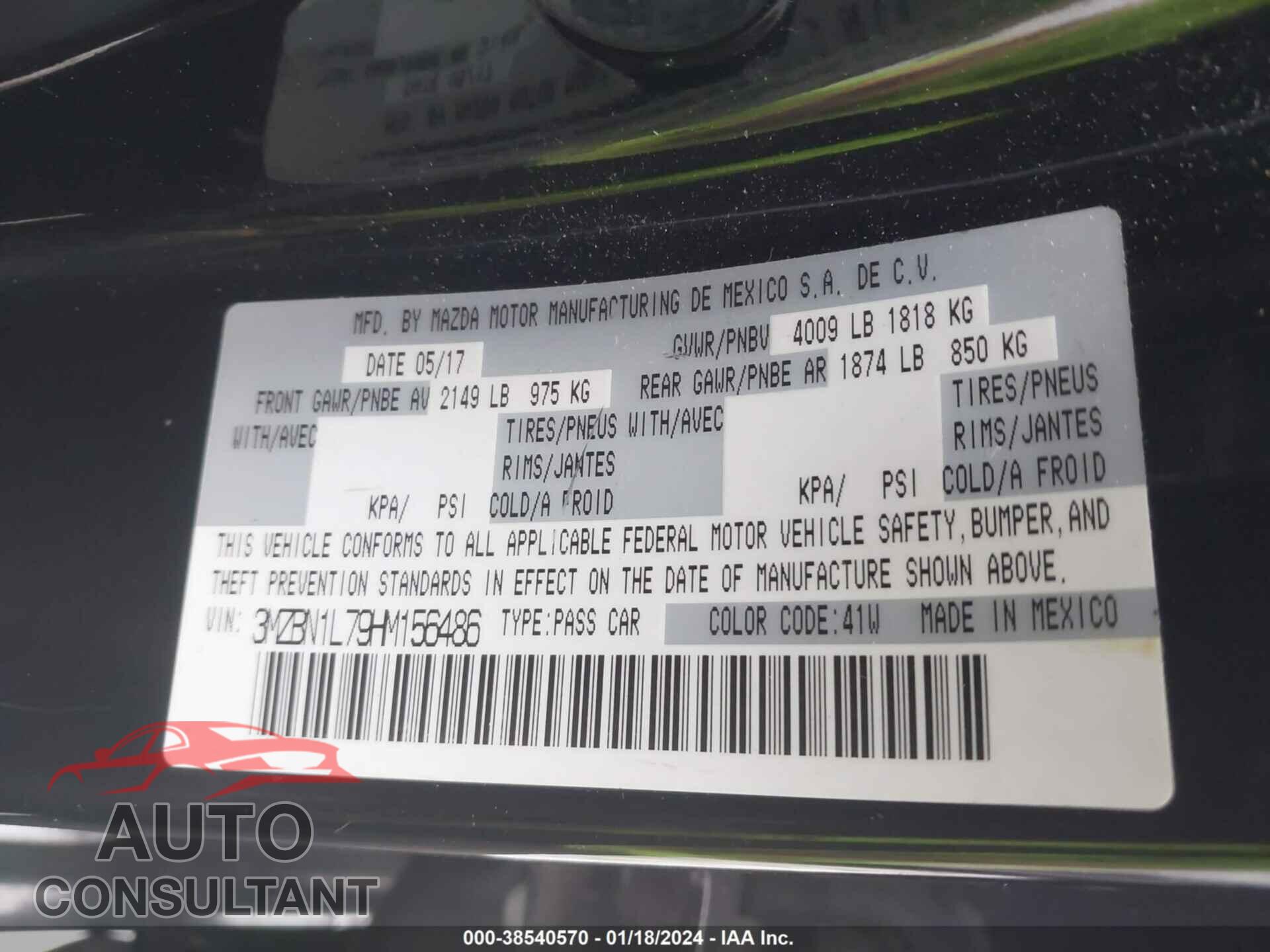 MAZDA MAZDA3 2017 - 3MZBN1L79HM156486