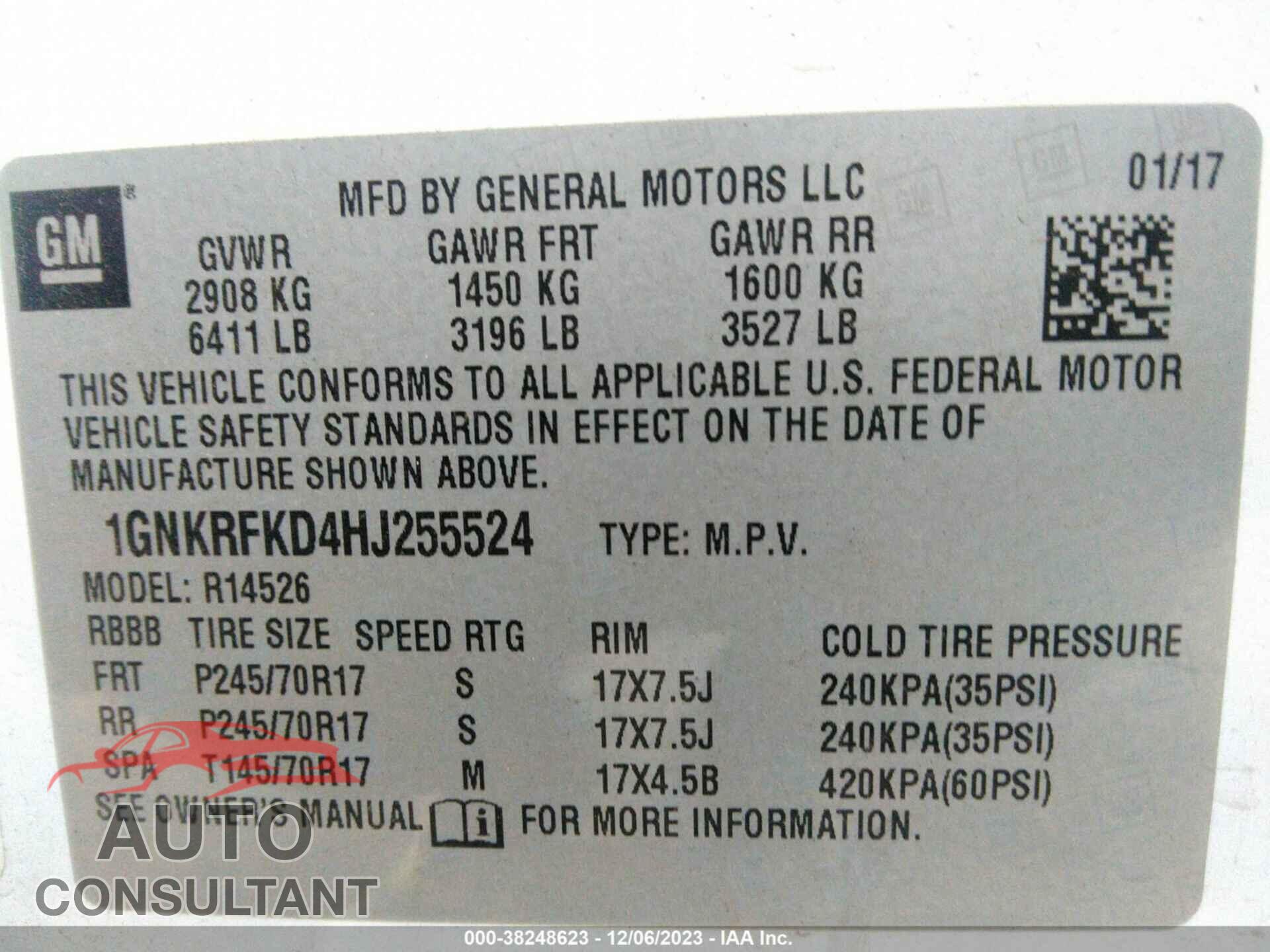 CHEVROLET TRAVERSE 2017 - 1GNKRFKD4HJ255524
