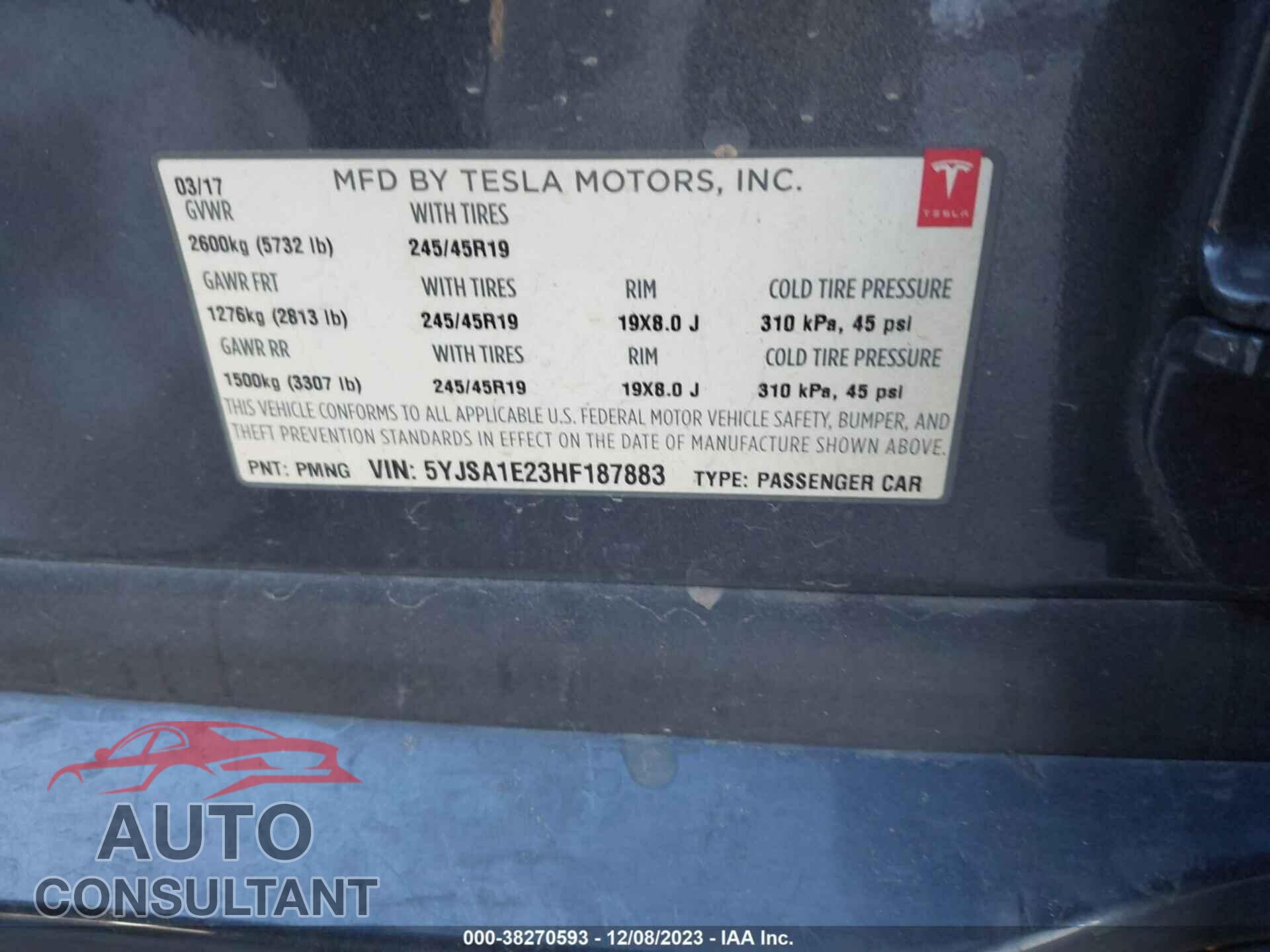 TESLA MODEL S 2017 - 5YJSA1E23HF187883