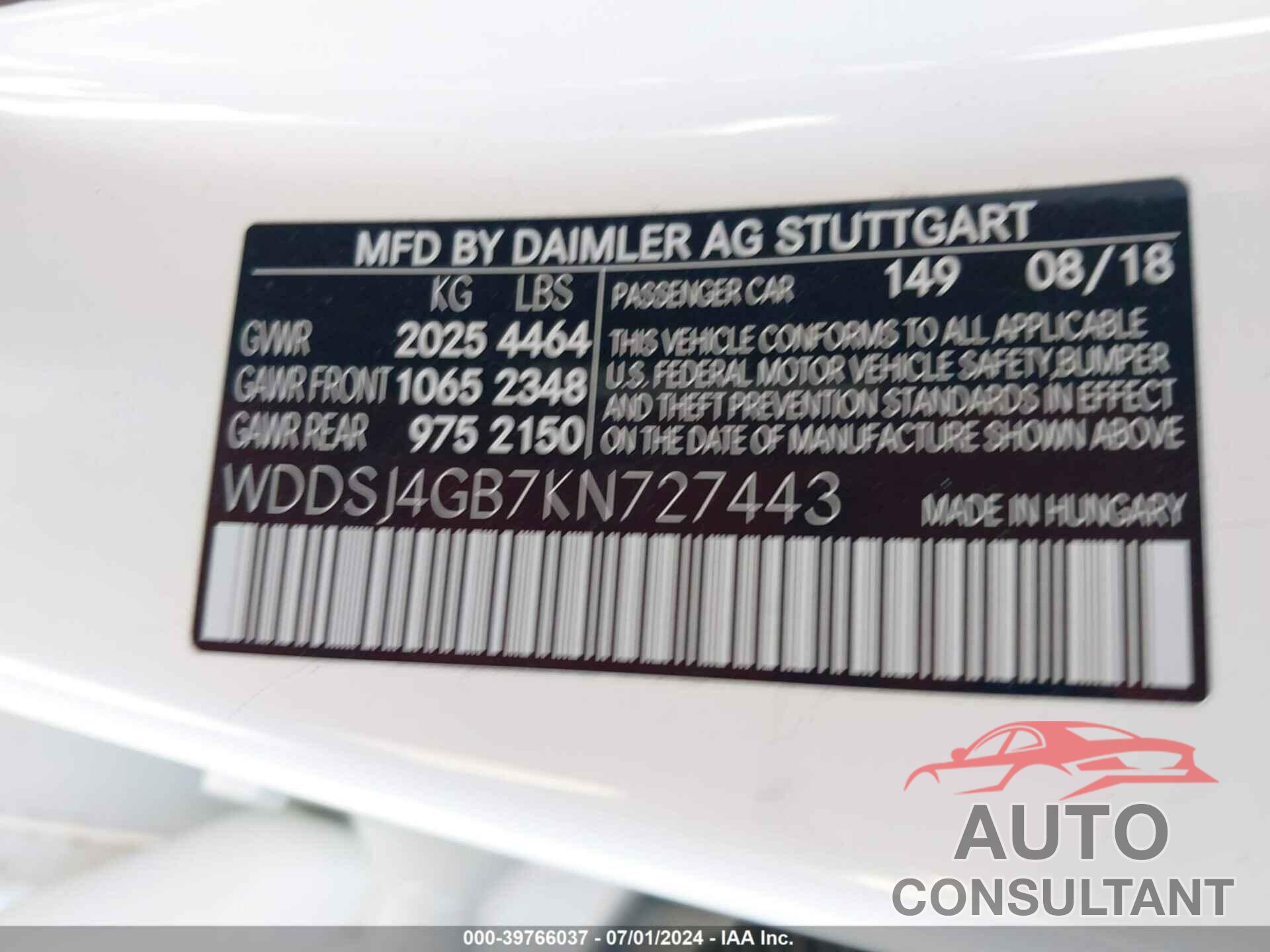 MERCEDES-BENZ CLA 250 2019 - WDDSJ4GB7KN727443