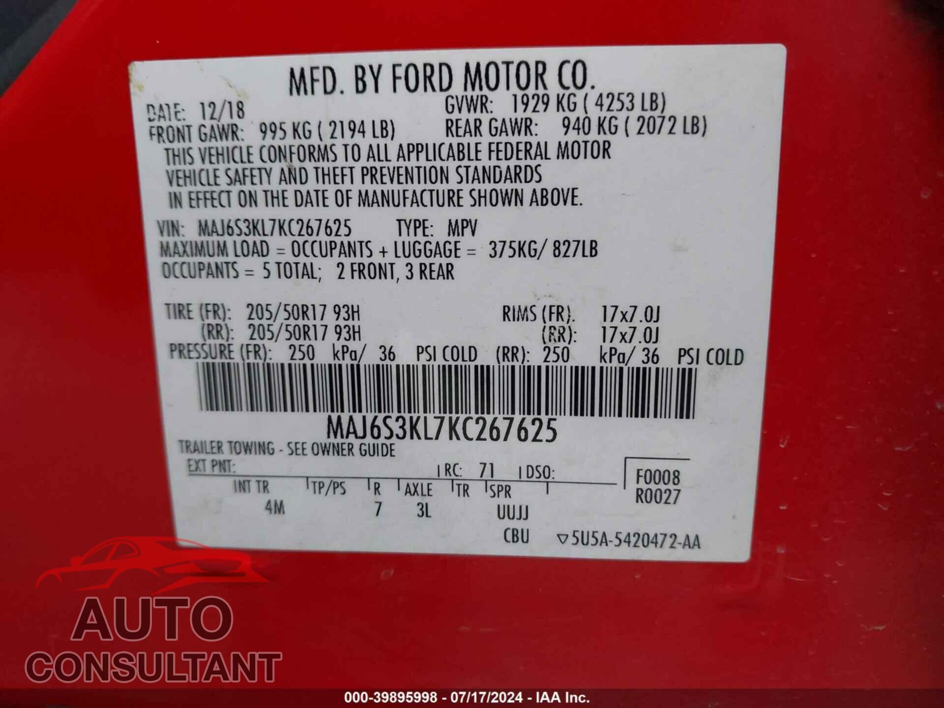 FORD ECOSPORT 2019 - MAJ6S3KL7KC267625