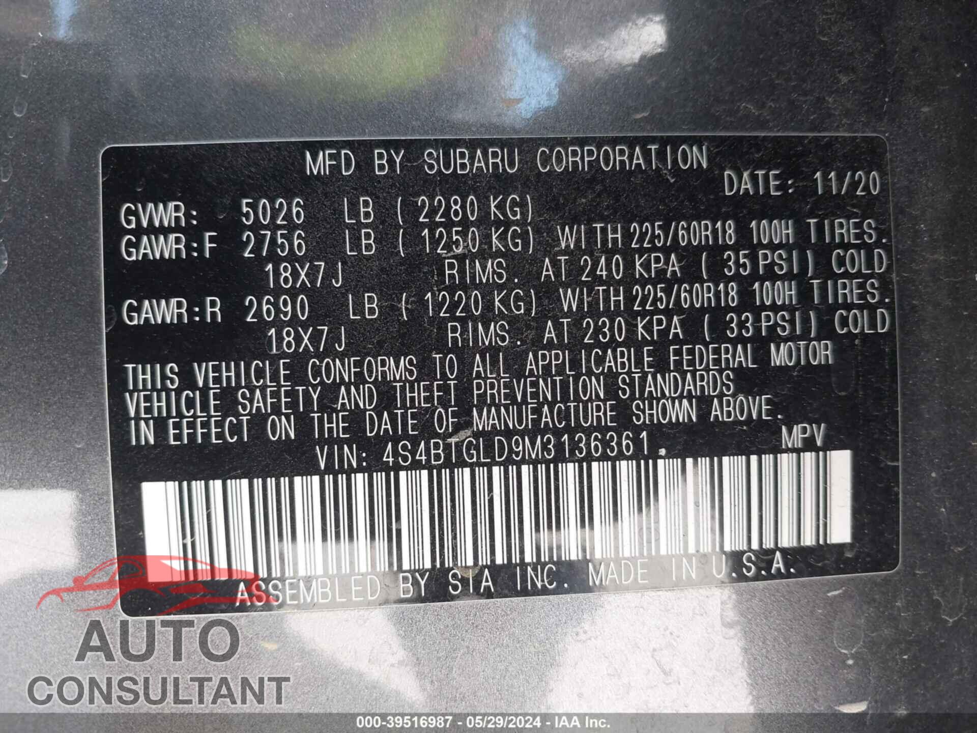 SUBARU OUTBACK 2021 - 4S4BTGLD9M3136361
