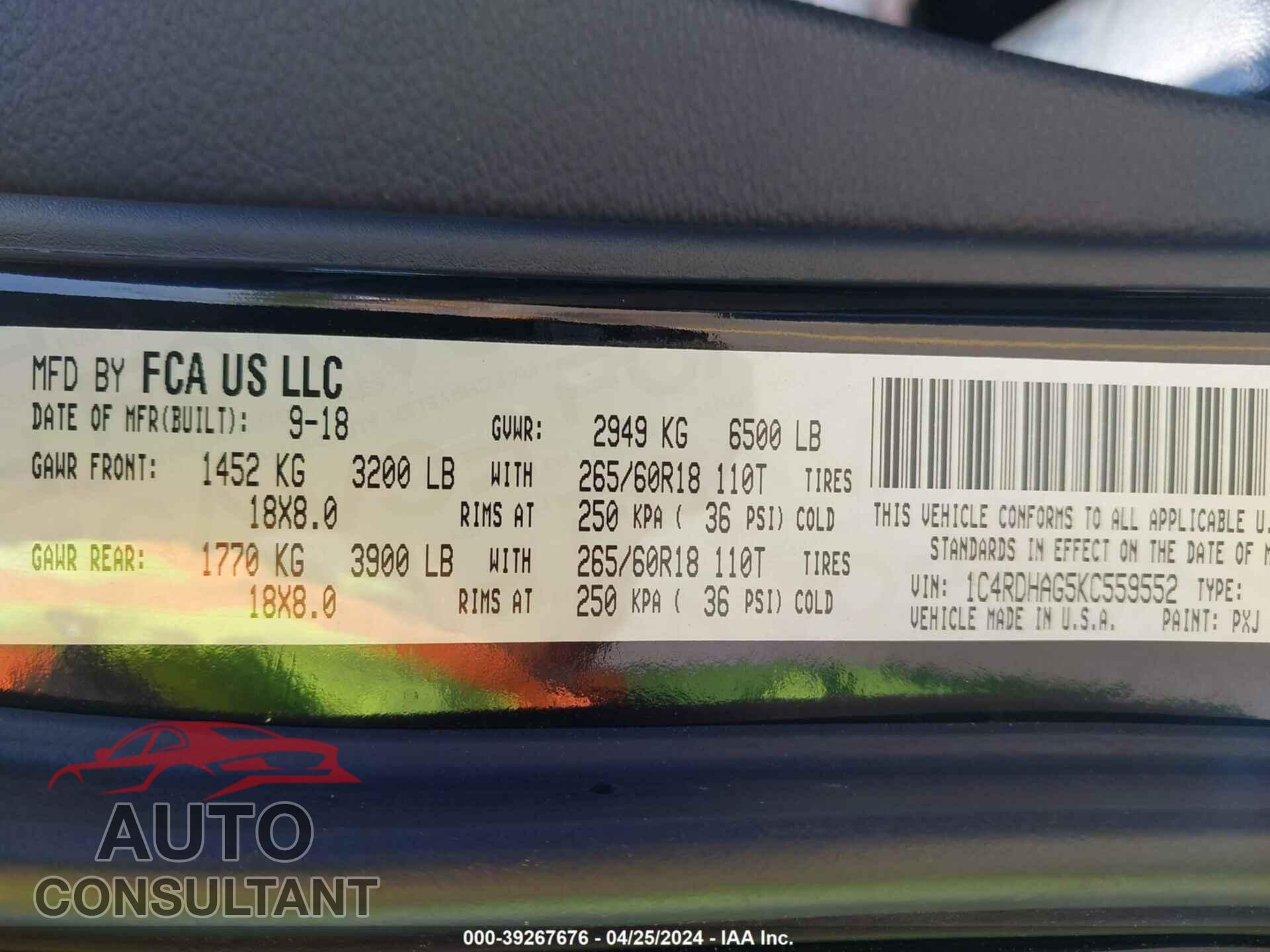 DODGE DURANGO 2019 - 1C4RDHAG5KC559552
