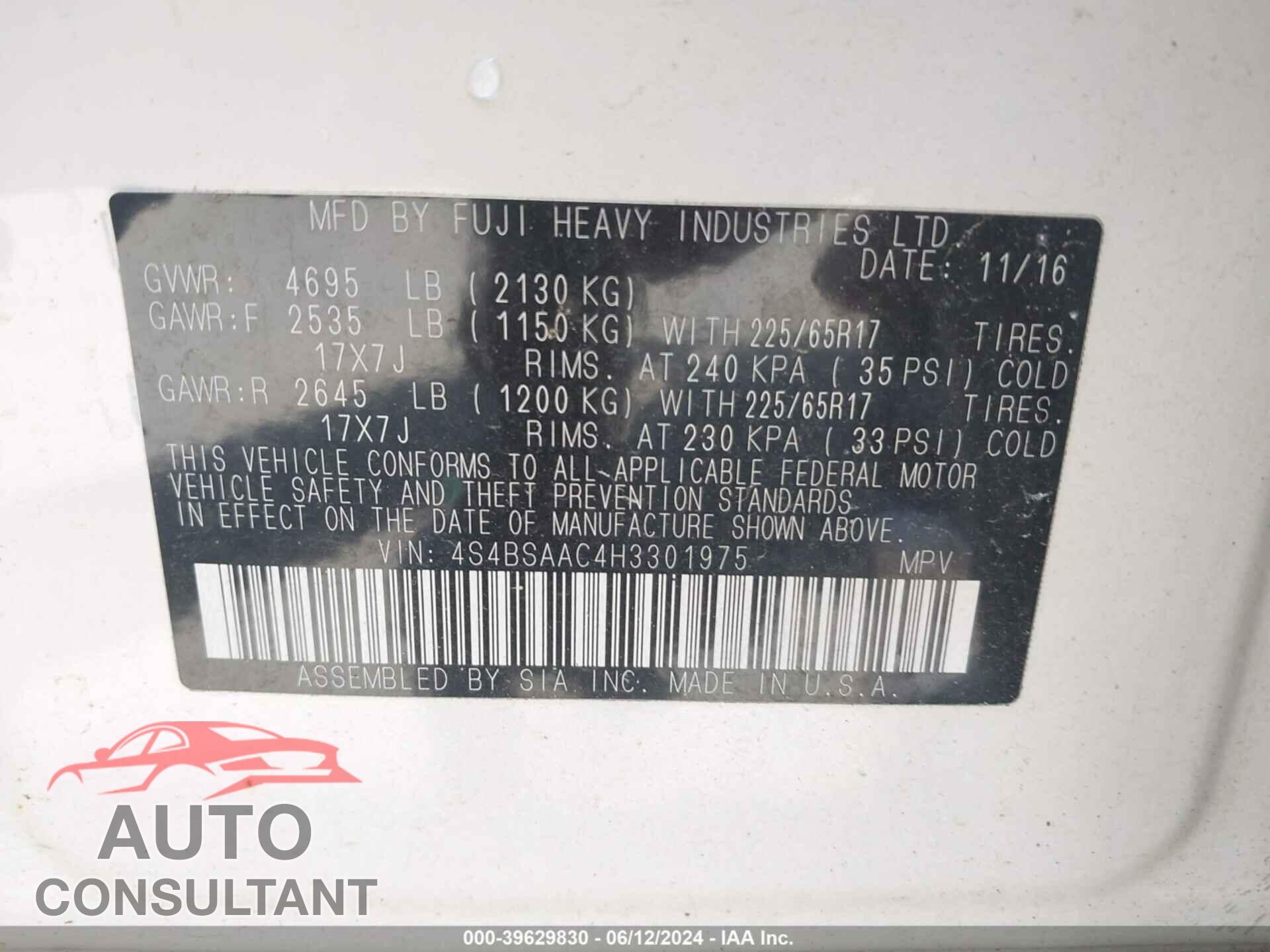 SUBARU OUTBACK 2017 - 4S4BSAAC4H3301975